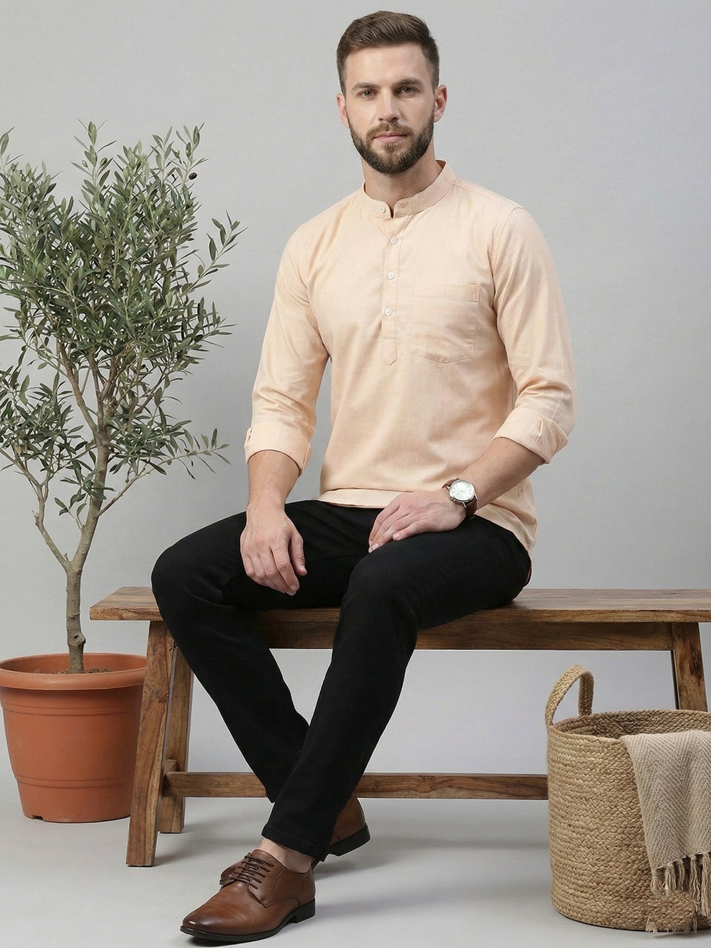 Solid Cotton Blend Short Kurta (65KO 5395 Peach ) [FF] [P-7]