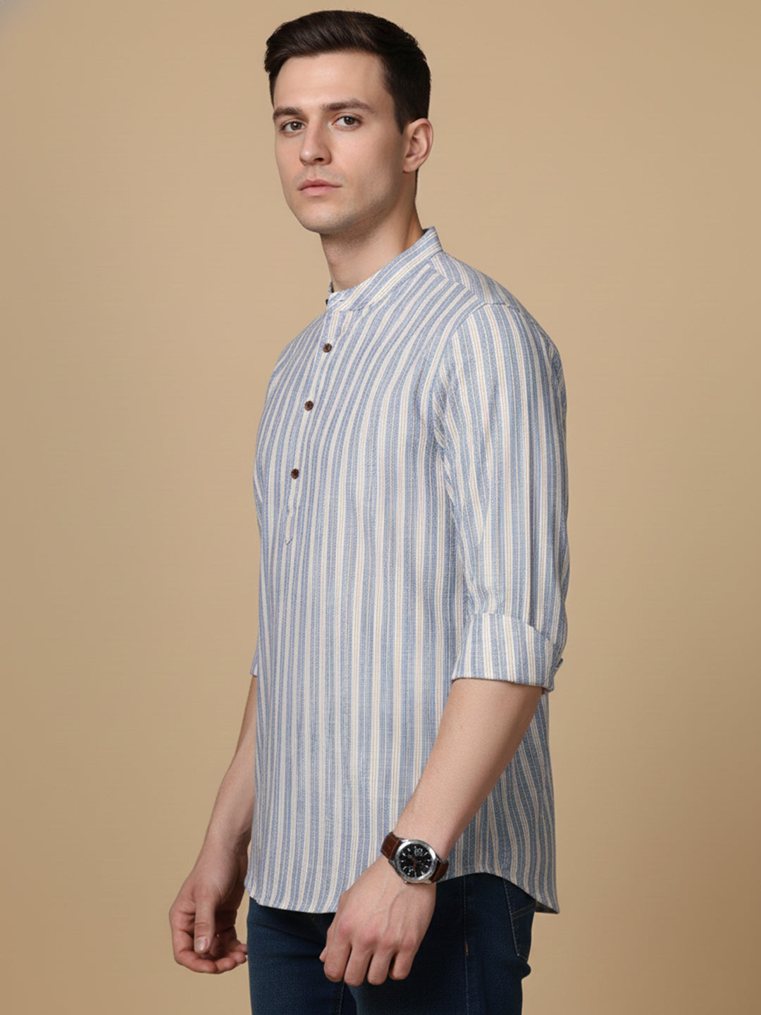 Cotton Blend Blue Striped Short Kurta (65KO 5396 Blue ) [FF] [Q-11-14]