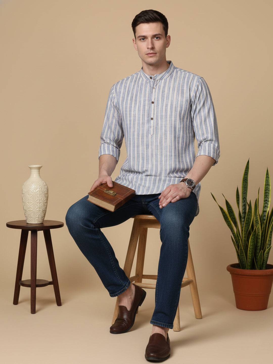 Cotton Blend Blue Striped Short Kurta (65KO 5396 Blue ) [FF] [Q-11-14]