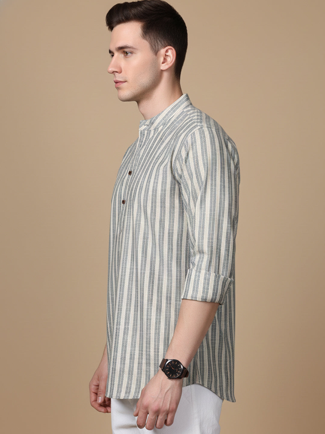 Cotton Blend Grey Striped Short Kurta (65KO 5396 Grey ) [FF] [Q-11-14]