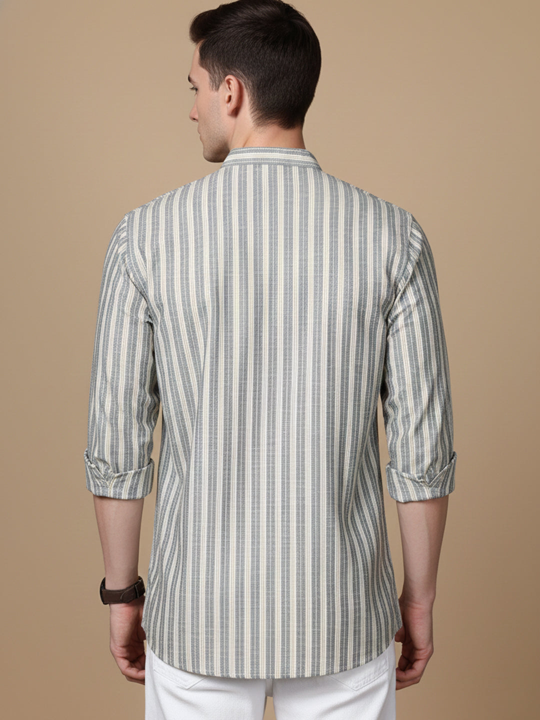 Cotton Blend Grey Striped Short Kurta (65KO 5396 Grey ) [FF] [Q-11-14]
