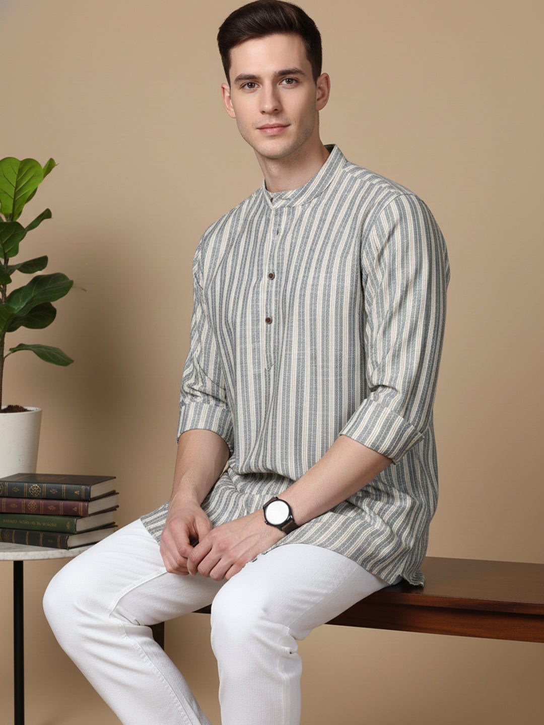 Cotton Blend Grey Striped Short Kurta (65KO 5396 Grey ) [FF] [Q-11-14]