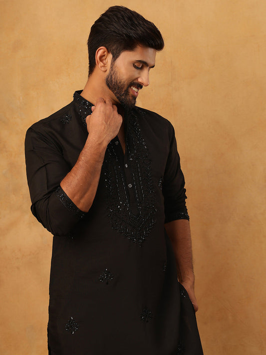 Silk Blend Embroidered Kurta for Men (65KO 5399 Black ) [FF] [B-1-2]