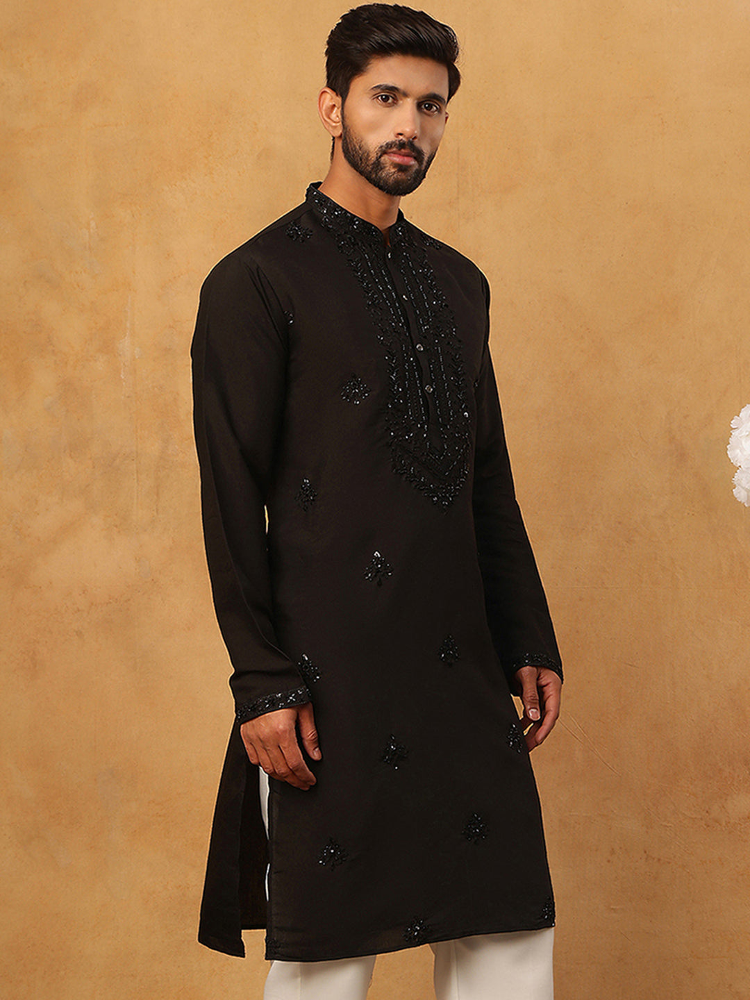 Silk Blend Embroidered Kurta for Men (65KO 5399 Black ) [FF] [B-1-2]