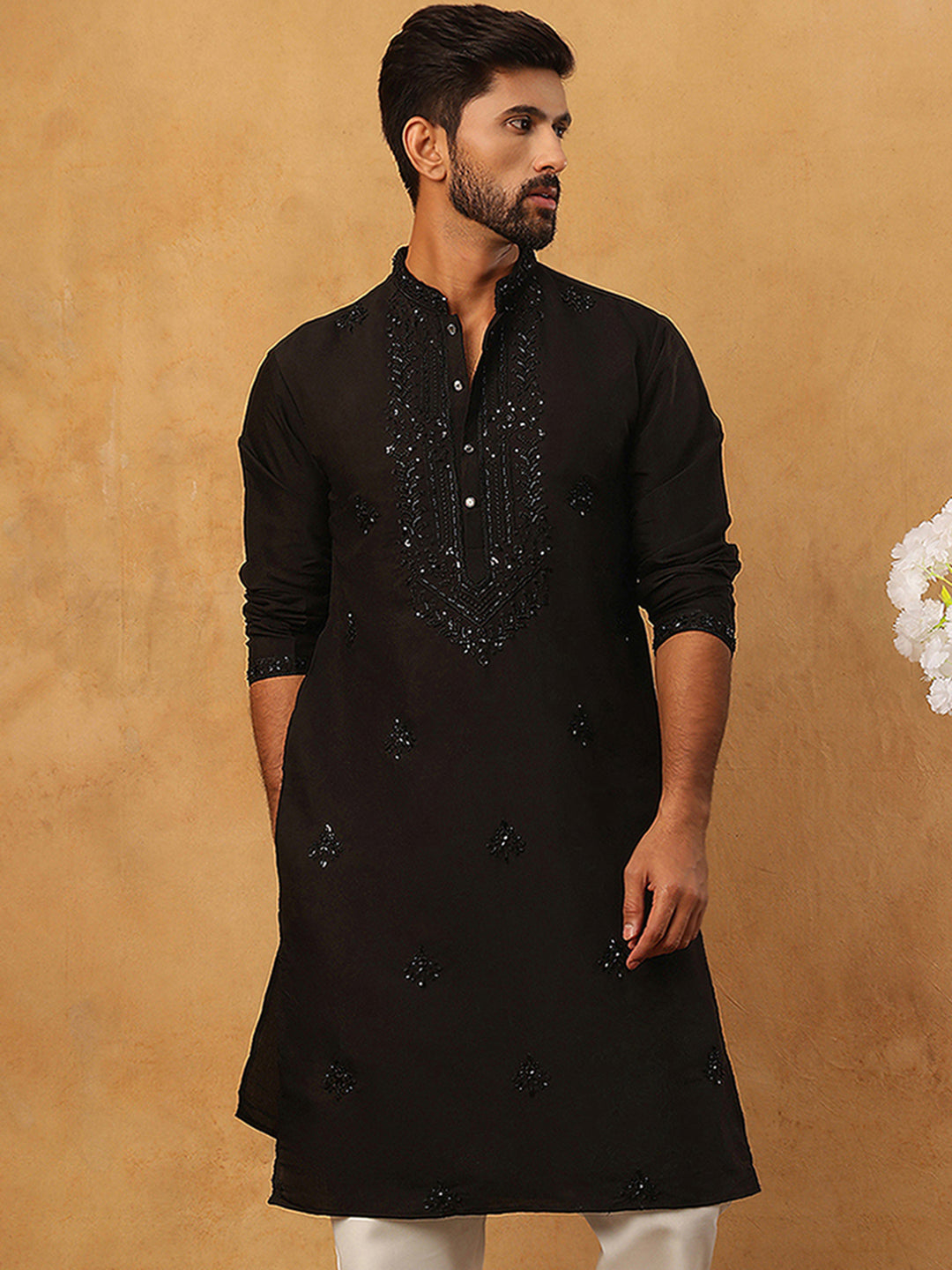 Silk Blend Embroidered Kurta for Men (65KO 5399 Black ) [FF] [B-1-2]