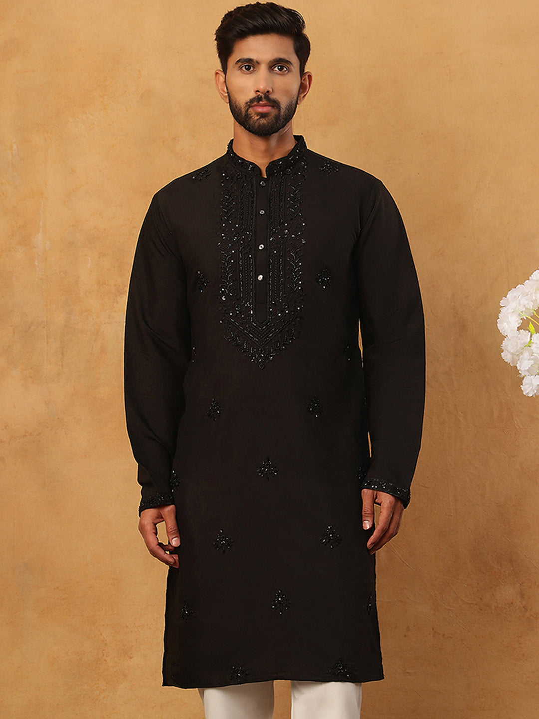 Silk Blend Embroidered Kurta for Men (65KO 5399 Black ) [FF] [B-1-2]