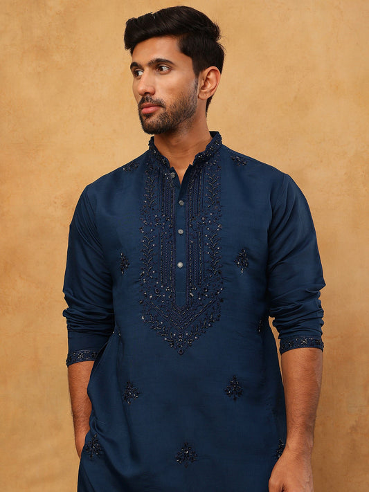 Silk Blend Embroidered Kurta for Men (65KO 5399 Royal ) [FF] [B-1-2]