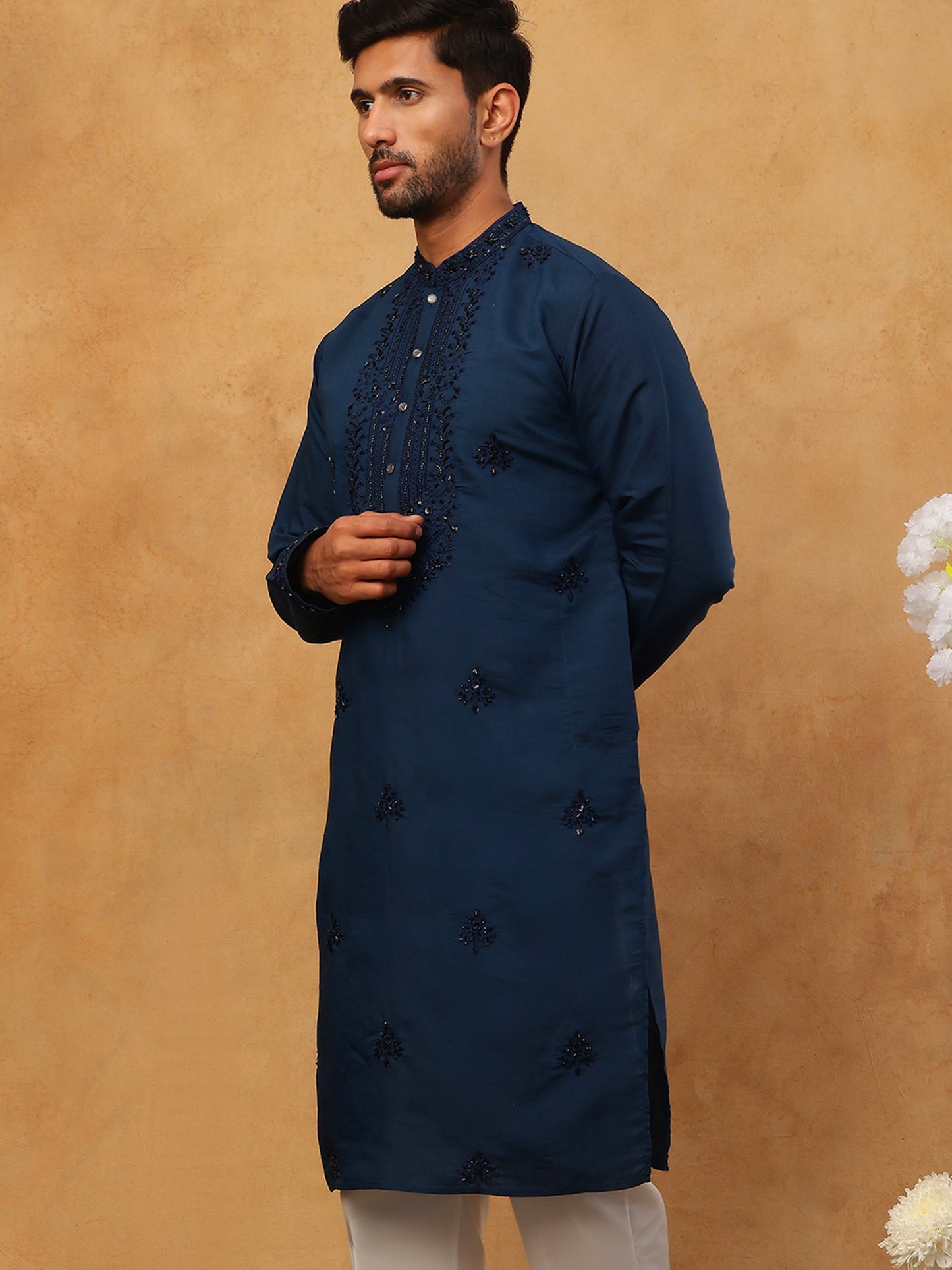 Silk Blend Embroidered Kurta for Men (65KO 5399 Royal ) [FF] [B-1-2]