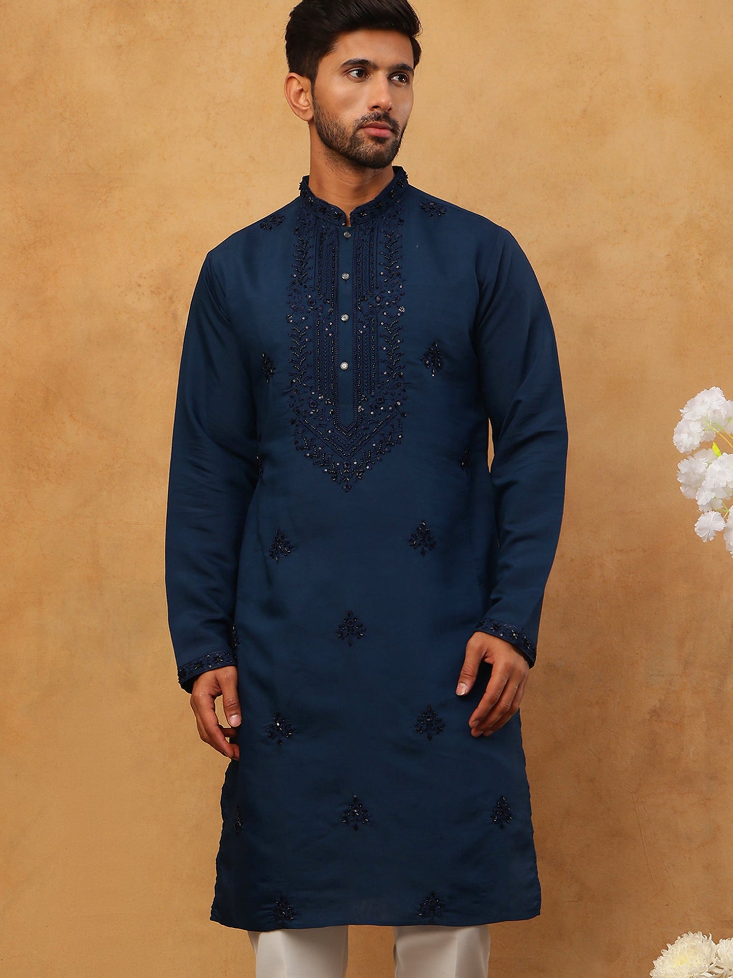 Silk Blend Embroidered Kurta for Men (65KO 5399 Royal ) [FF] [B-1-2]