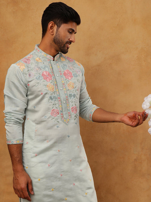 Silk Blend Embroidered Kurta (65KO 5400 Blue ) [FF] [B-1-2]