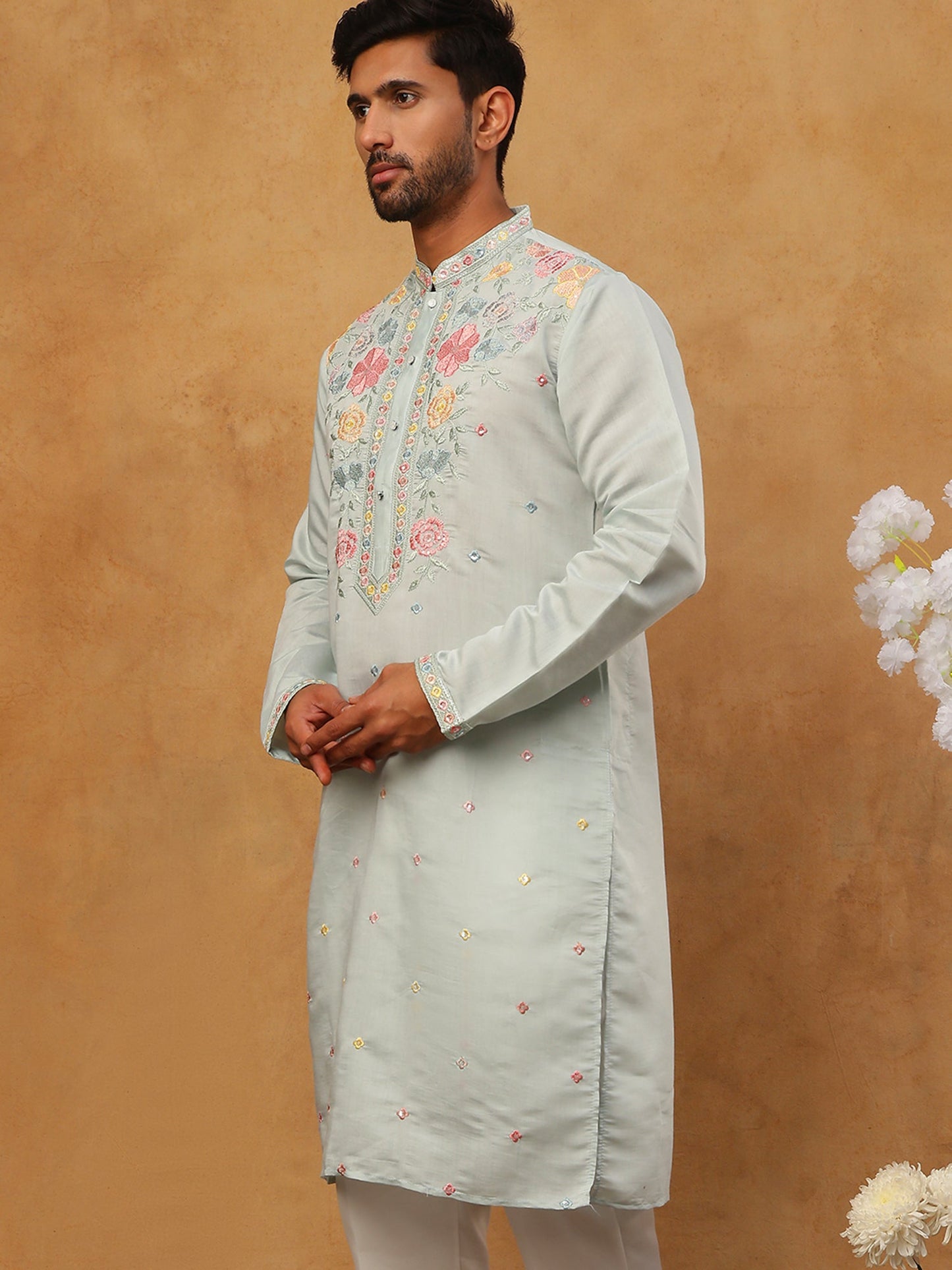 Silk Blend Embroidered Kurta (65KO 5400 Blue ) [FF] [B-1-2]