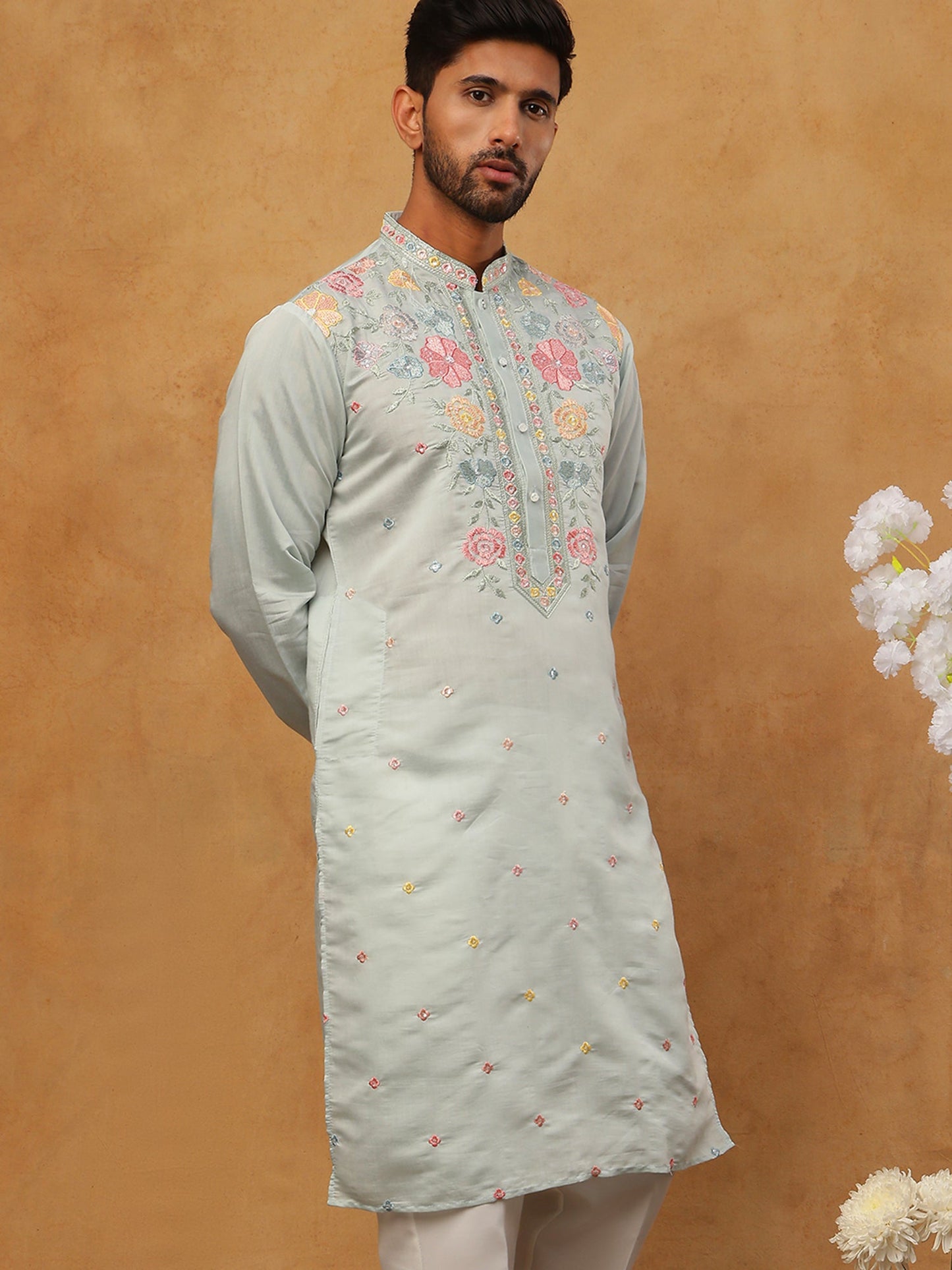 Silk Blend Embroidered Kurta (65KO 5400 Blue ) [FF] [B-1-2]