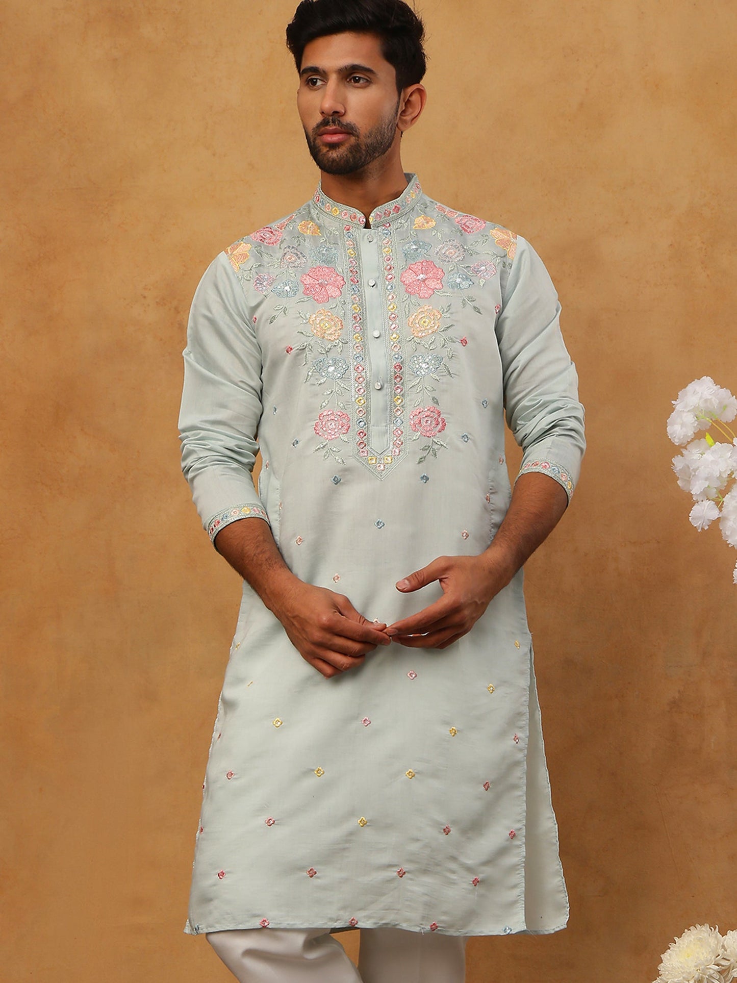 Silk Blend Embroidered Kurta (65KO 5400 Blue ) [FF] [B-1-2]