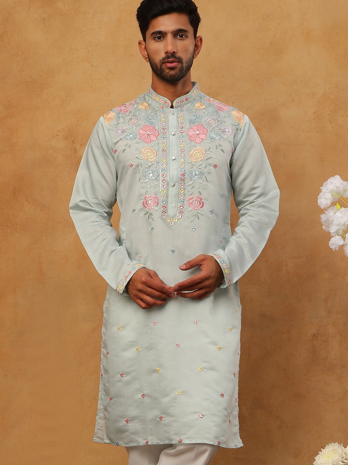 Silk Blend Embroidered Kurta (65KO 5400 Blue ) [FF] [B-1-2]