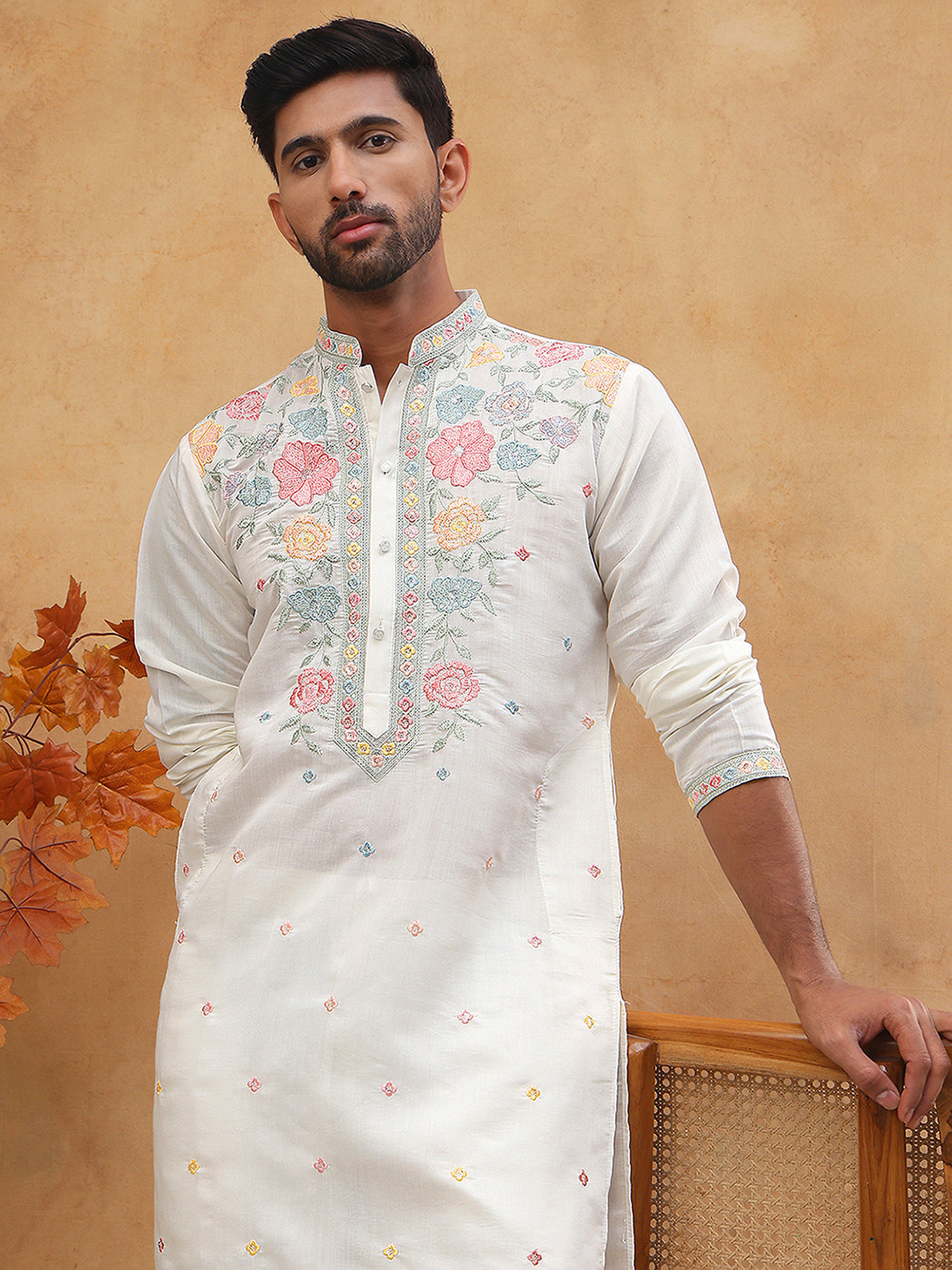 Silk Blend Embroidered Kurta (65KO 5400 White ) [FF] [B-1-2]