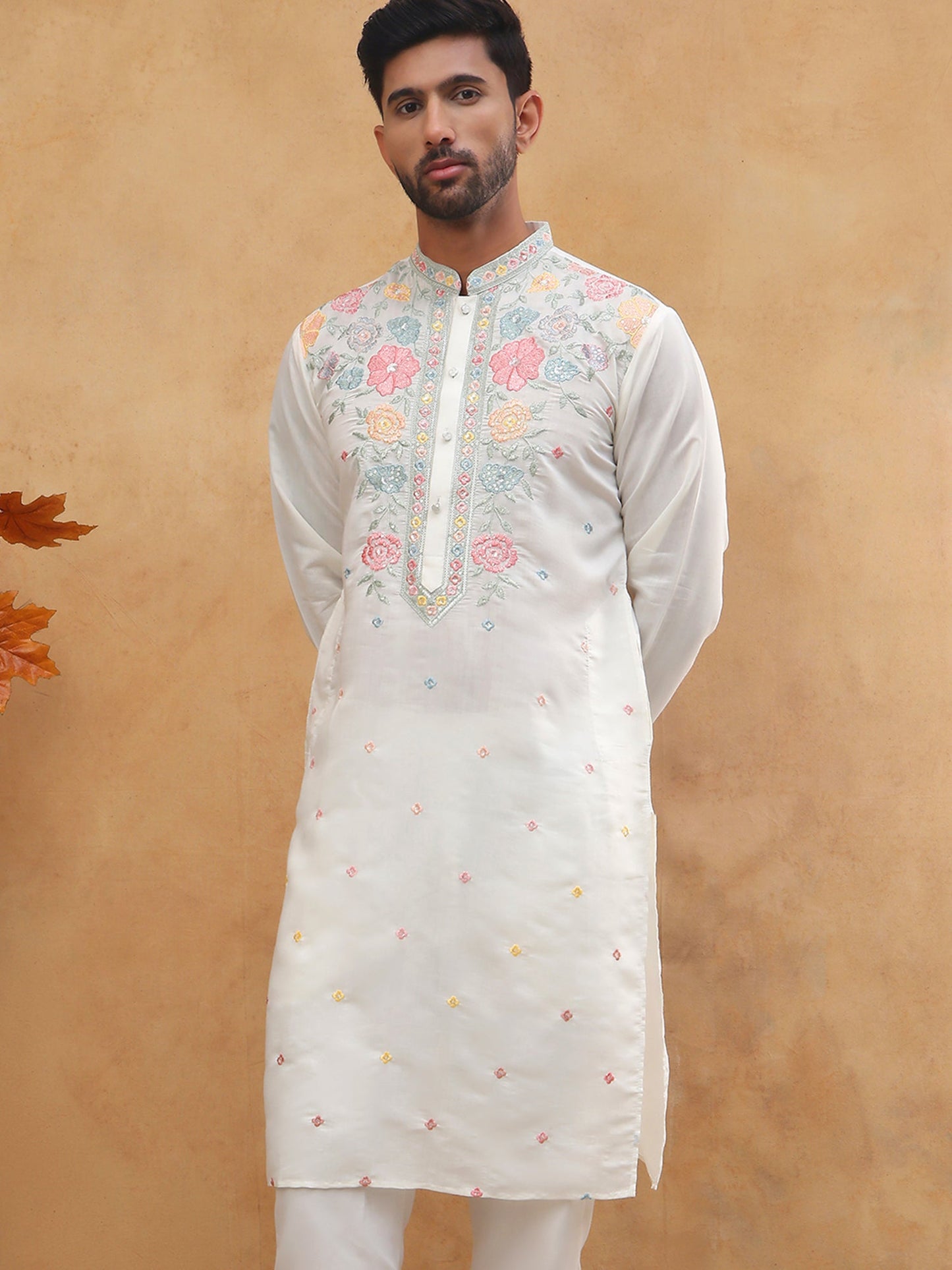 Silk Blend Embroidered Kurta (65KO 5400 White ) [FF] [B-1-2]