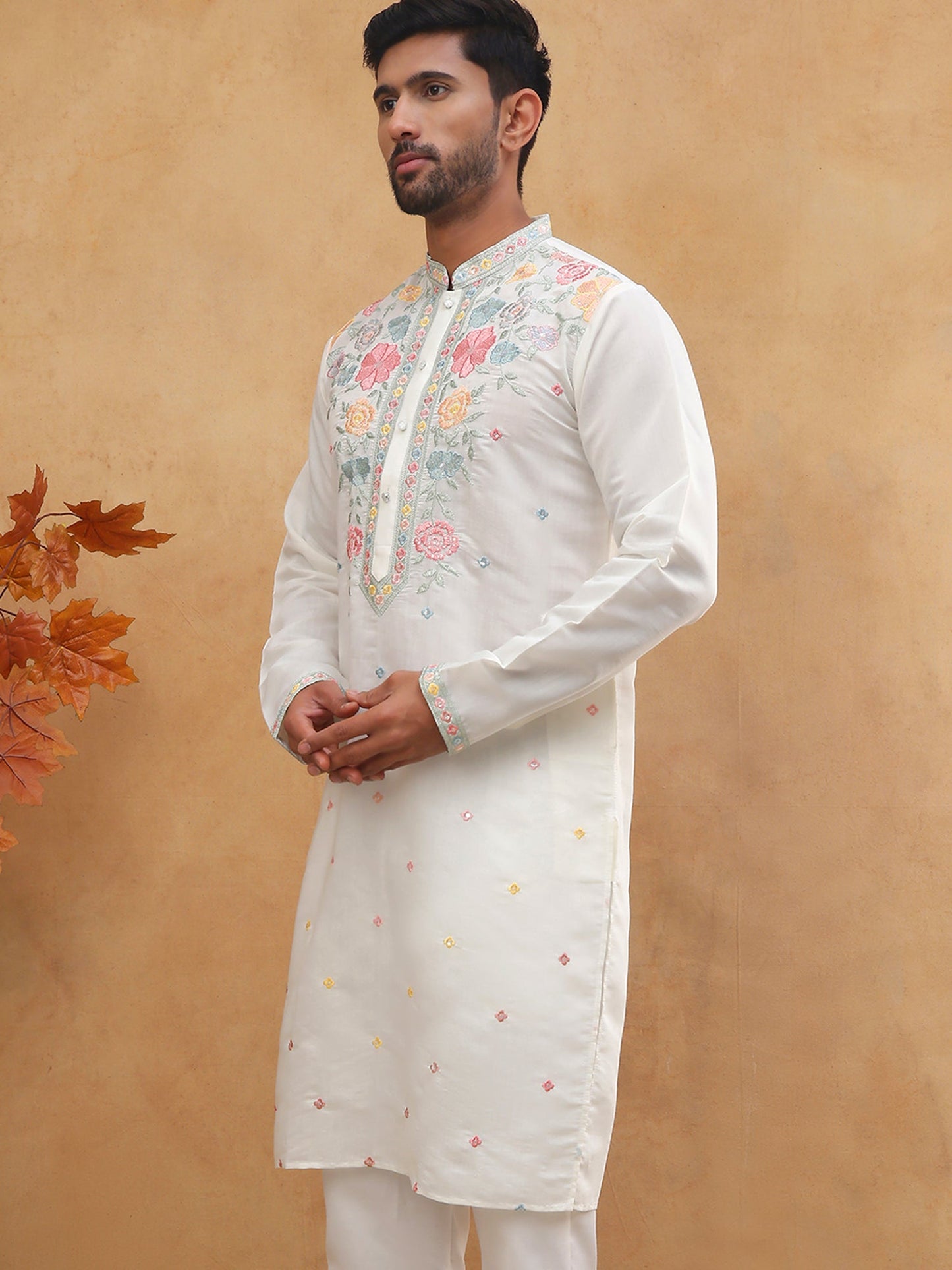 Silk Blend Embroidered Kurta (65KO 5400 White ) [FF] [B-1-2]