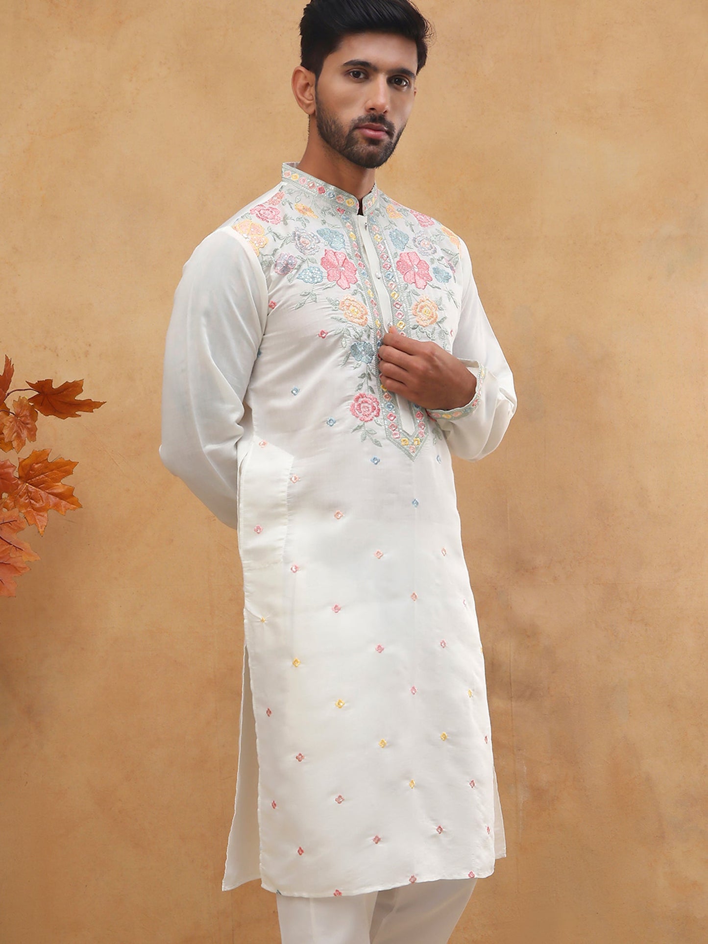 Silk Blend Embroidered Kurta (65KO 5400 White ) [FF] [B-1-2]