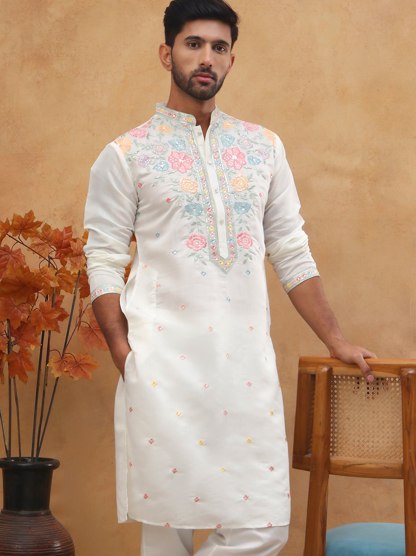 Silk Blend Embroidered Kurta (65KO 5400 White ) [FF] [B-1-2]