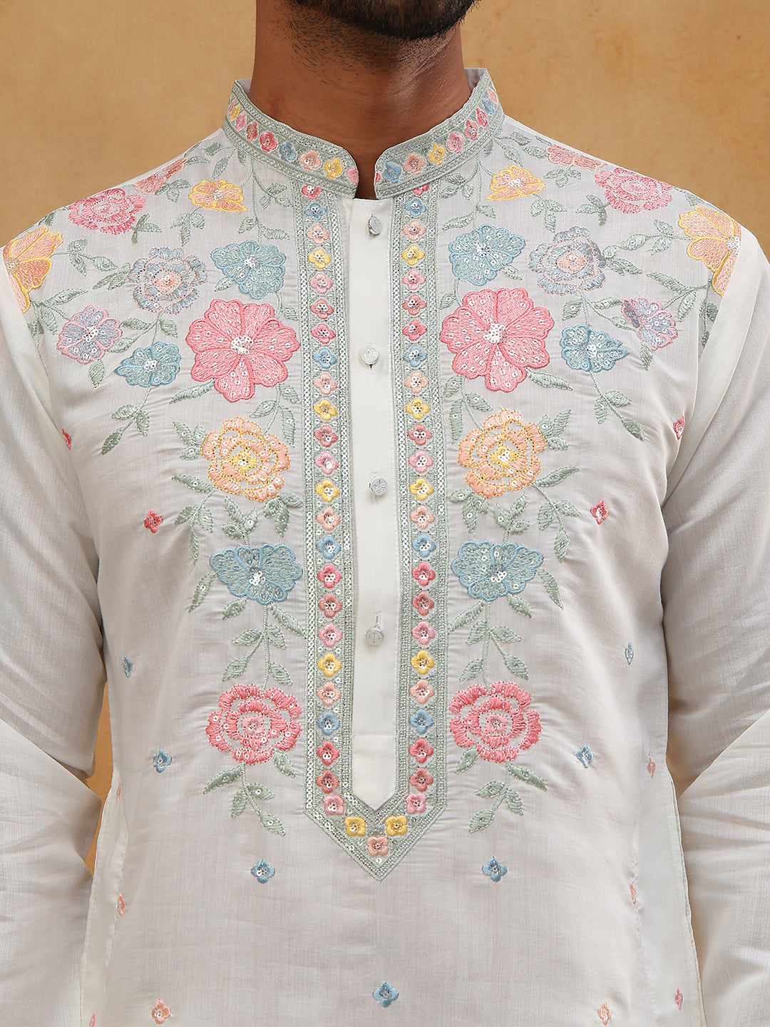 Silk Blend Embroidered Kurta (65KO 5400 White ) [FF] [B-1-2]