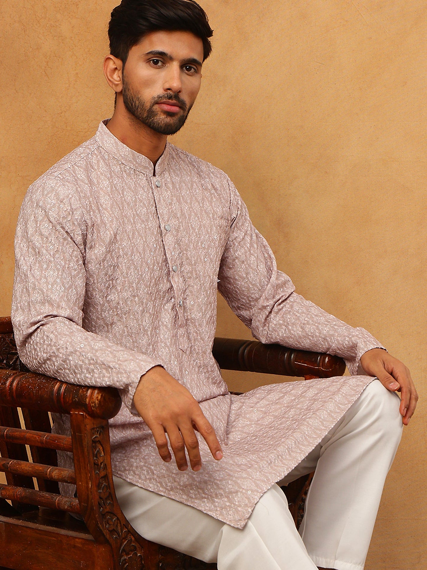 Cotton Blend Printed & Embroidered Kurta (65KO 5402 Beige ) [FF] [Q-12-13]