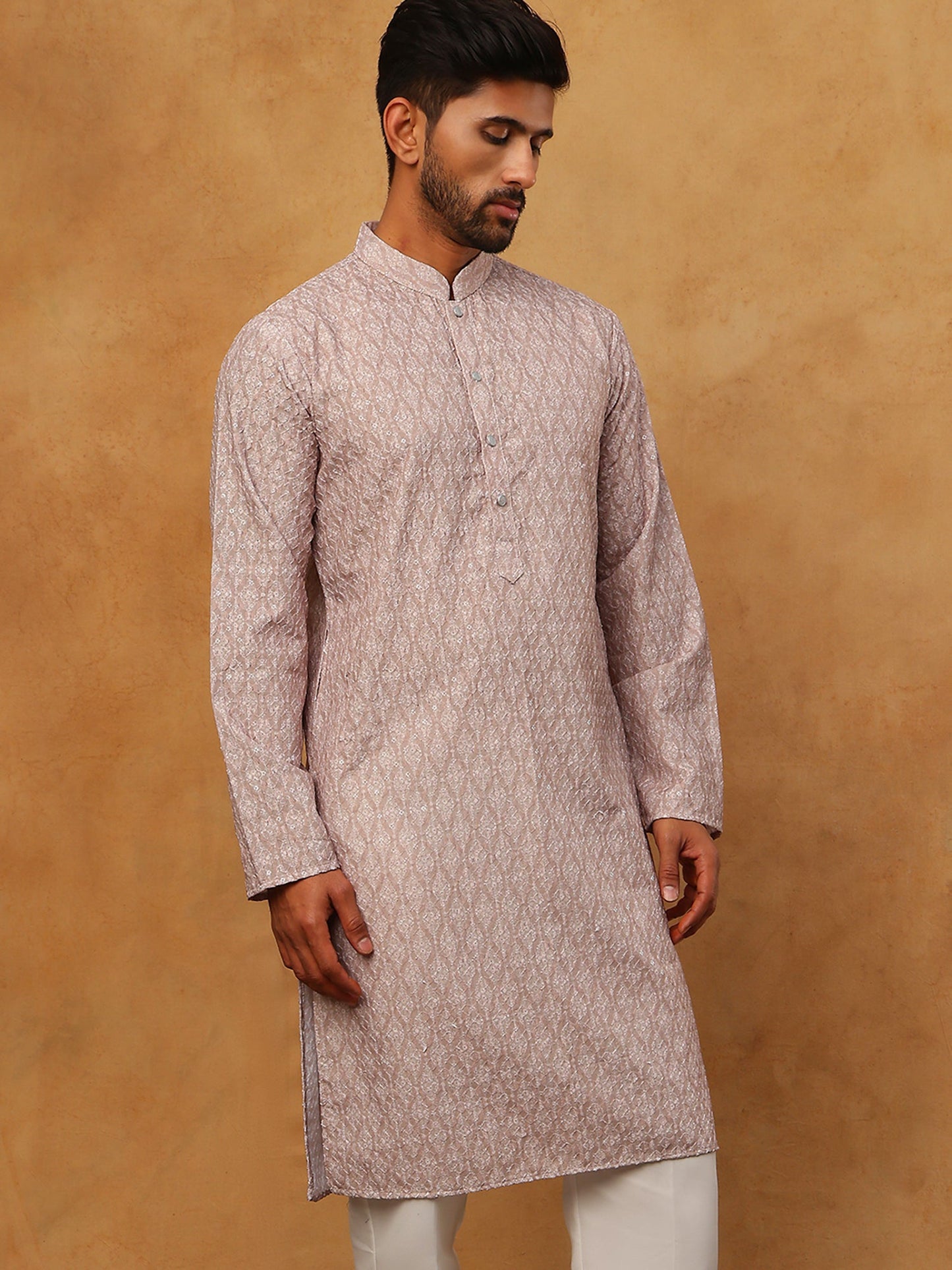 Cotton Blend Printed & Embroidered Kurta (65KO 5402 Beige ) [FF] [Q-12-13]