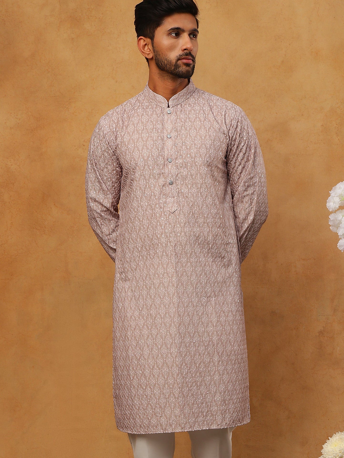 Cotton Blend Printed & Embroidered Kurta (65KO 5402 Beige ) [FF] [Q-12-13]