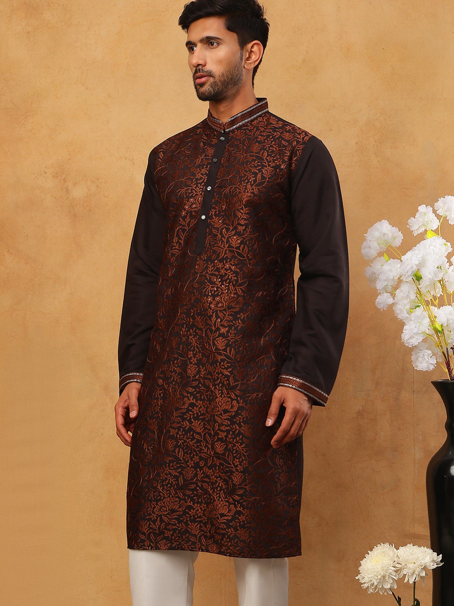 Men’s Silk Blend Embroidered Kurta (65KO 5403 Coffee ) [FF] [B-1-2]