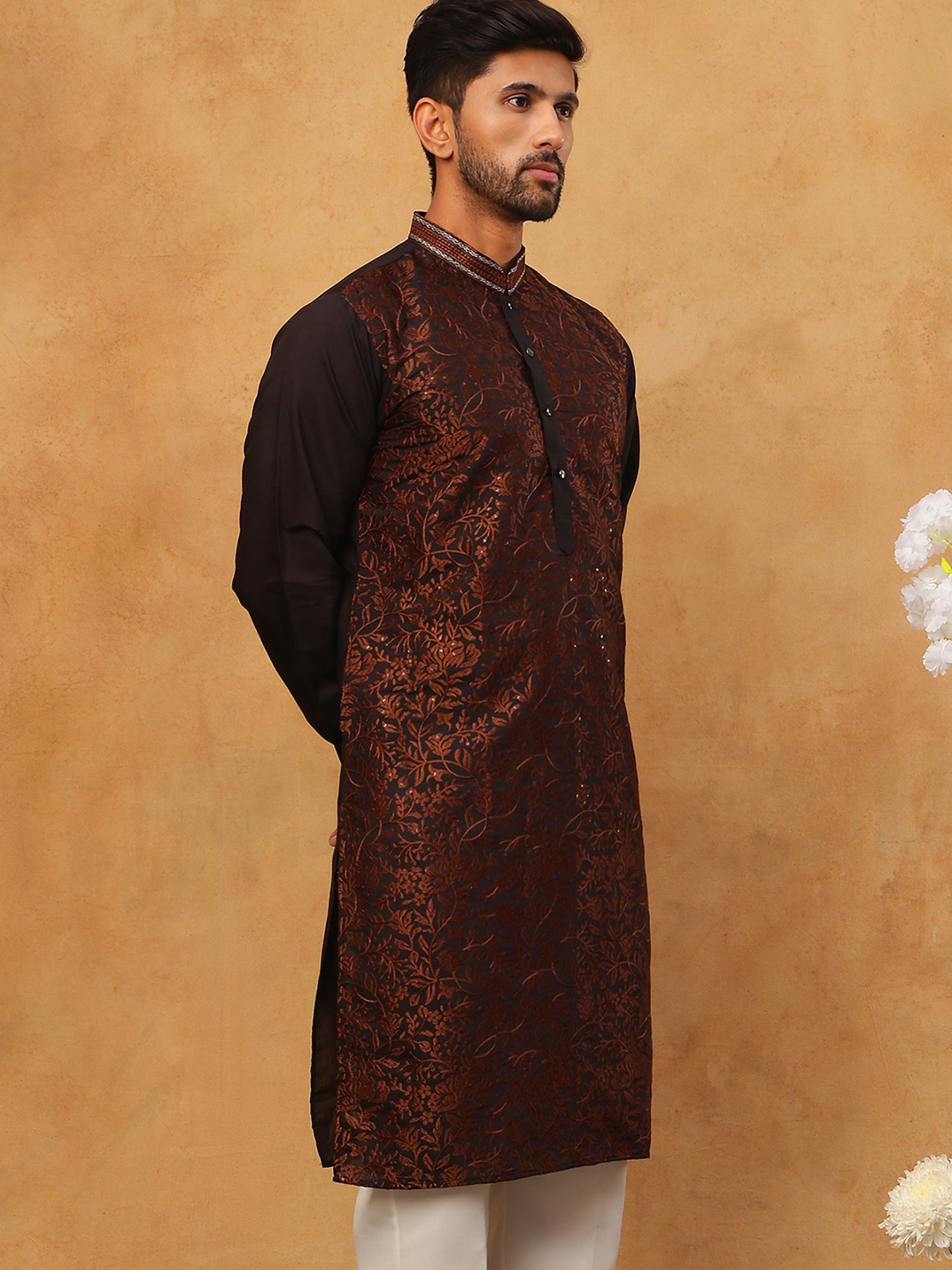 Men’s Silk Blend Embroidered Kurta (65KO 5403 Coffee ) [FF] [B-1-2]