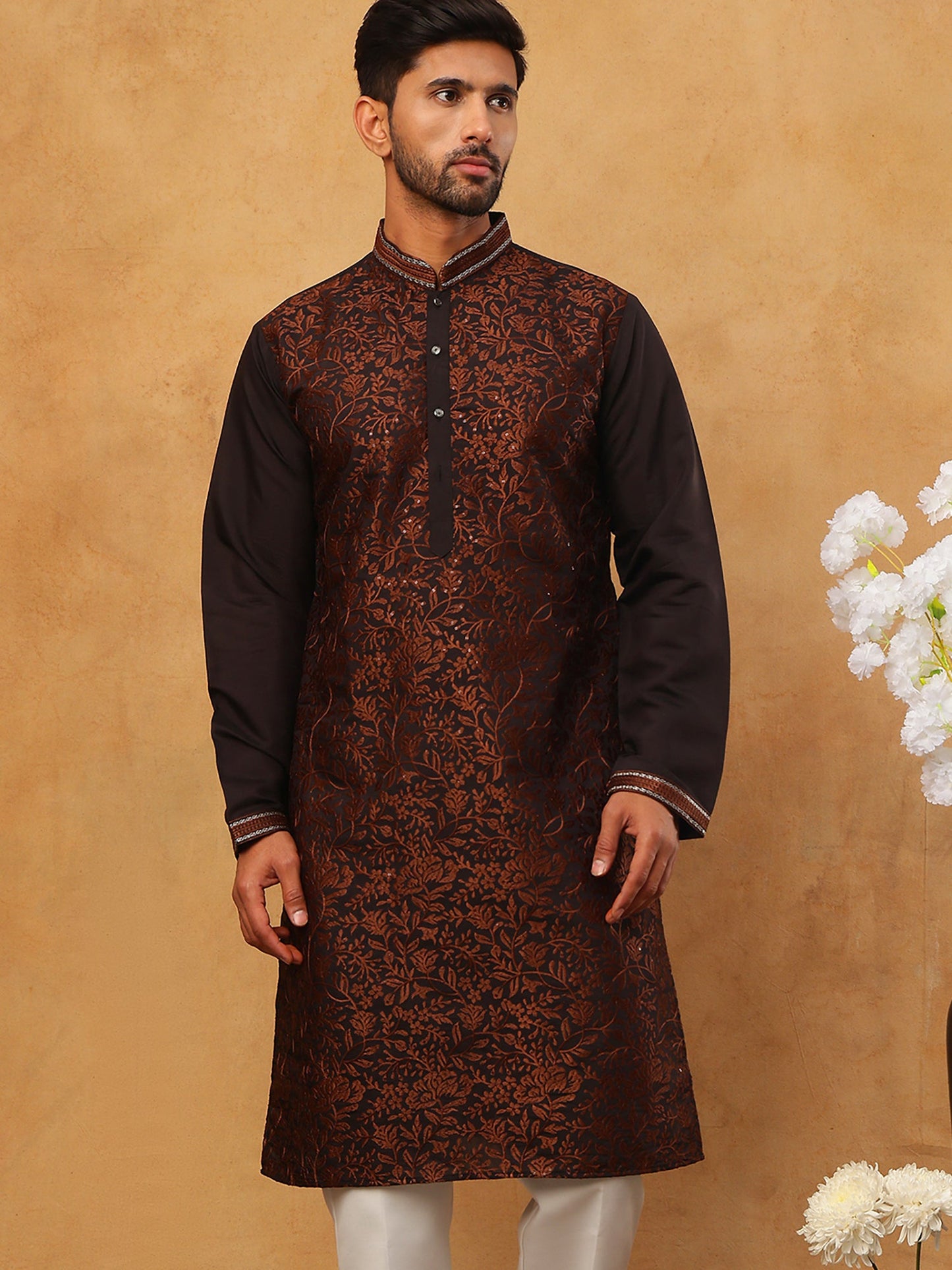 Men’s Silk Blend Embroidered Kurta (65KO 5403 Coffee ) [FF] [B-1-2]