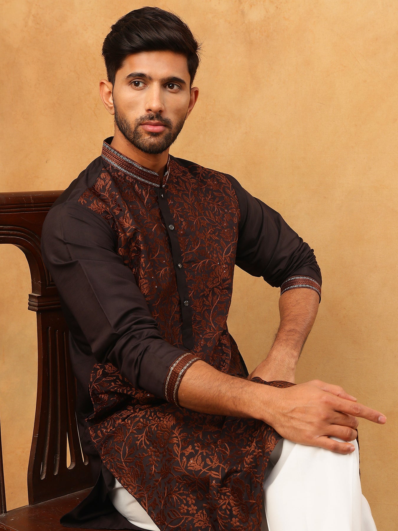 Men’s Silk Blend Embroidered Kurta (65KO 5403 Coffee ) [FF] [B-1-2]