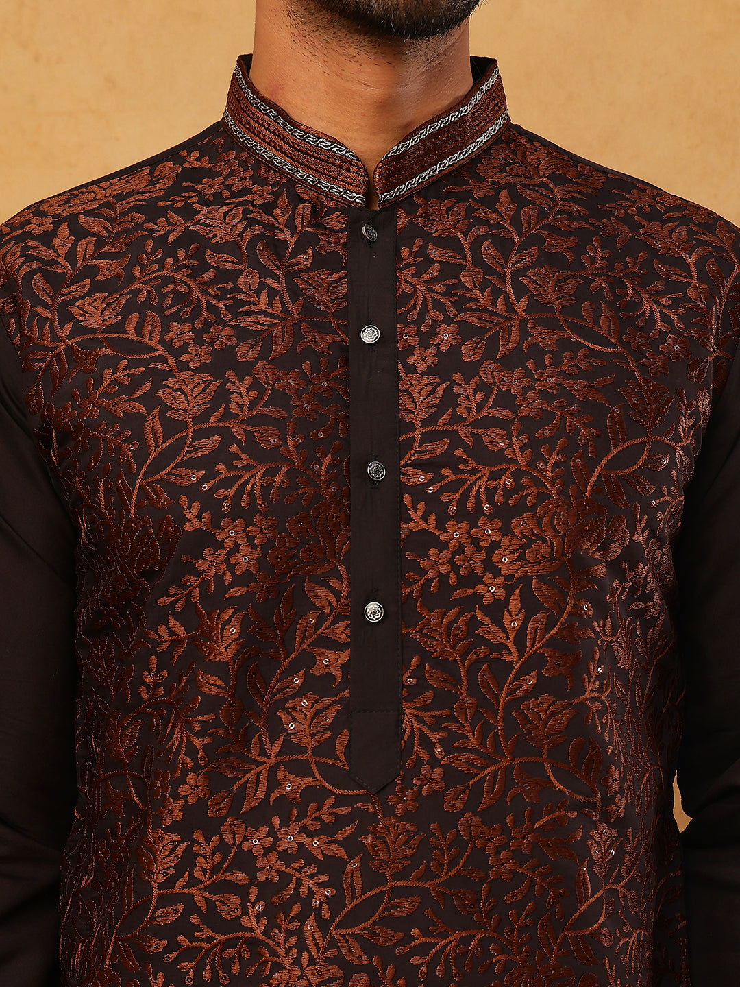 Men’s Silk Blend Embroidered Kurta (65KO 5403 Coffee ) [FF] [B-1-2]