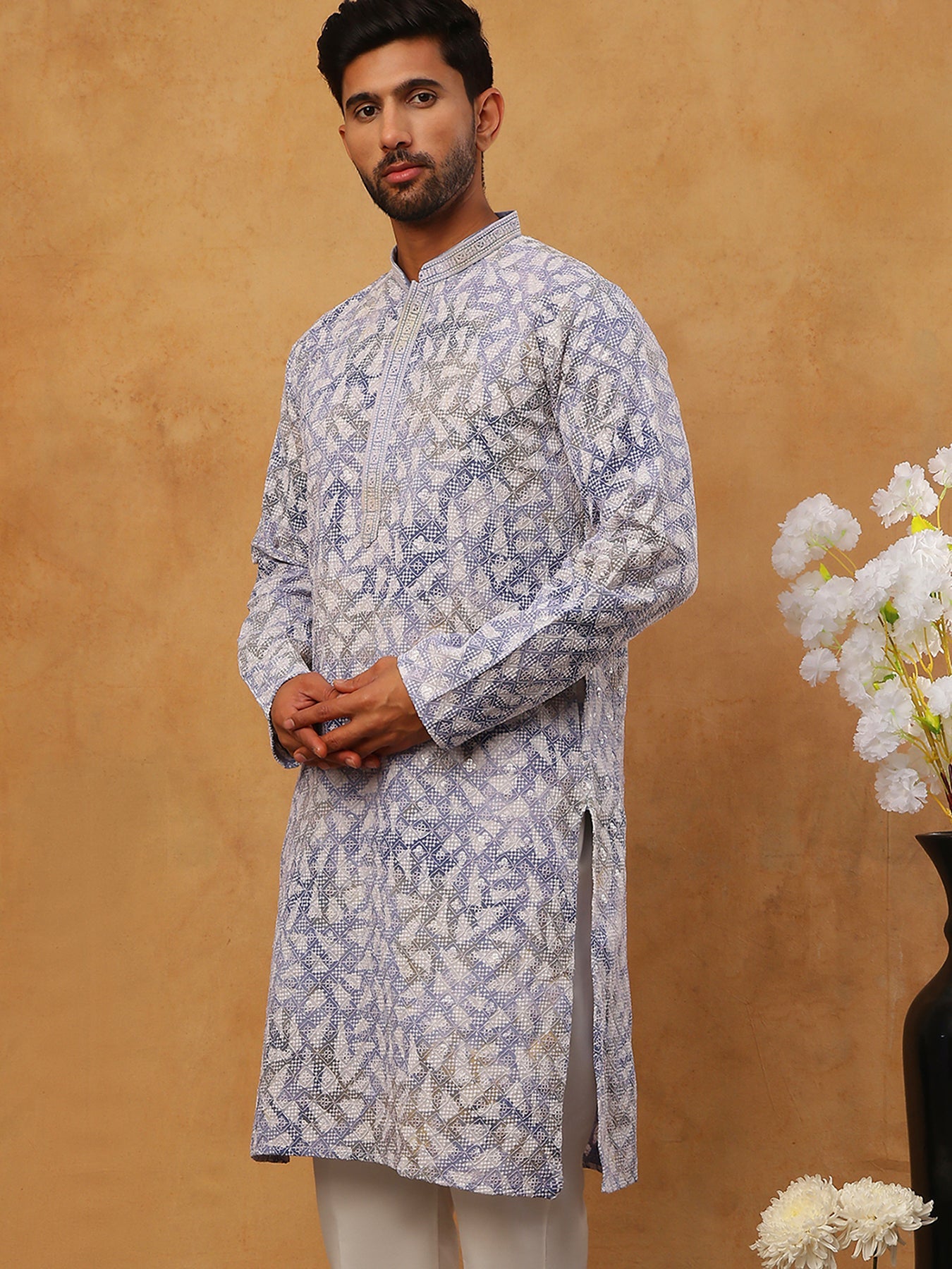 Printed & Embroidered Kurta (65KO 5406 Blue ) [FF] [G-8]