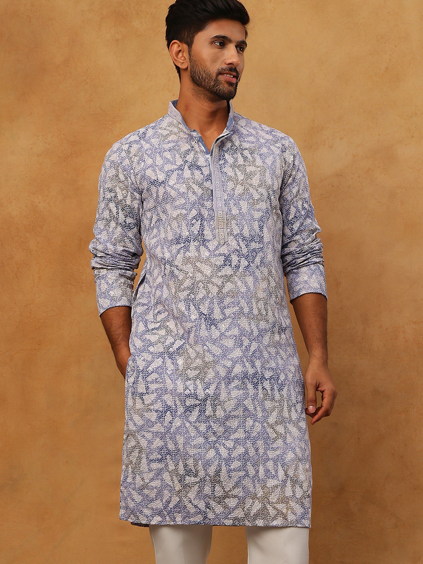 Printed & Embroidered Kurta (65KO 5406 Blue ) [FF] [G-8]