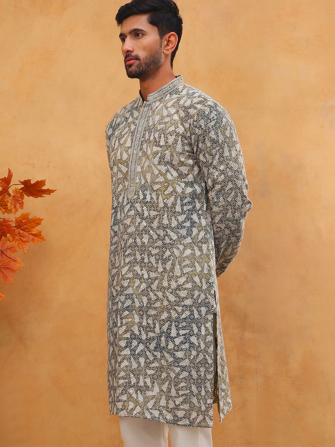 Printed & Embroidered Kurta (65KO 5406 Olive ) [FF] [G-8]