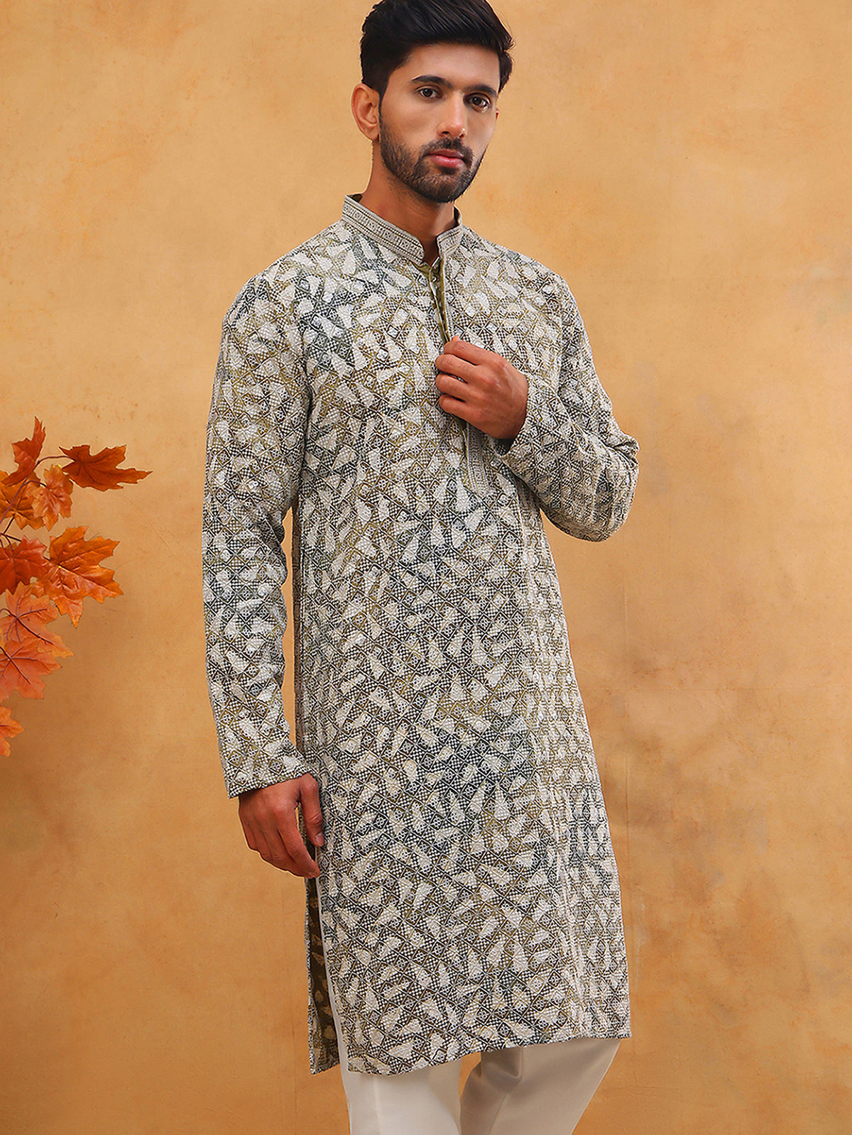 Printed & Embroidered Kurta (65KO 5406 Olive ) [FF] [G-8]