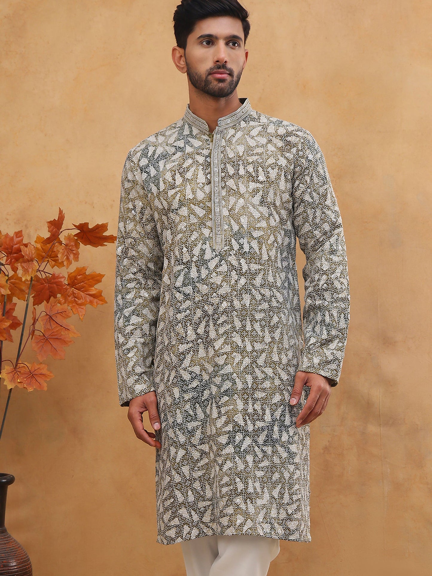 Printed & Embroidered Kurta (65KO 5406 Olive ) [FF] [G-8]