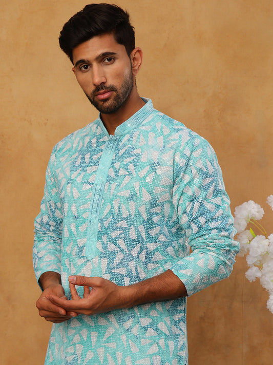 Printed & Embroidered Kurta (65KO 5406 Sky ) [FF] [G-8]