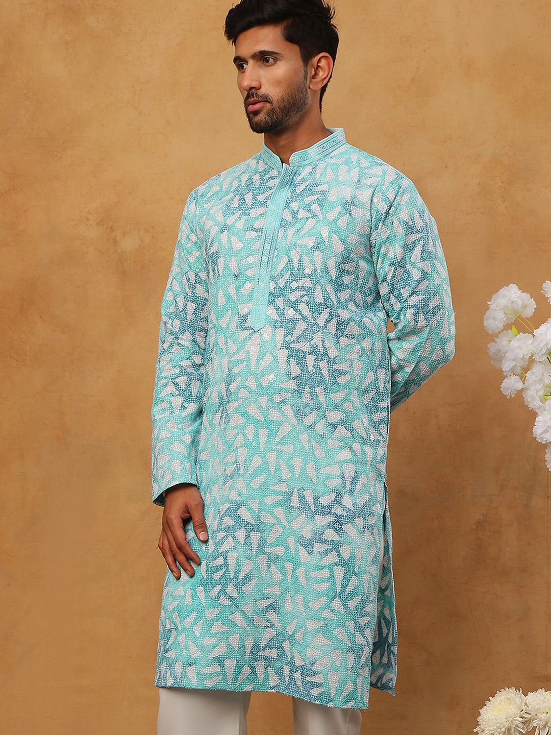Printed & Embroidered Kurta (65KO 5406 Sky ) [FF] [G-8]
