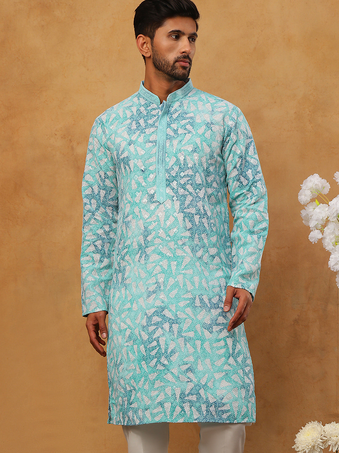 Printed & Embroidered Kurta (65KO 5406 Sky ) [FF] [G-8]