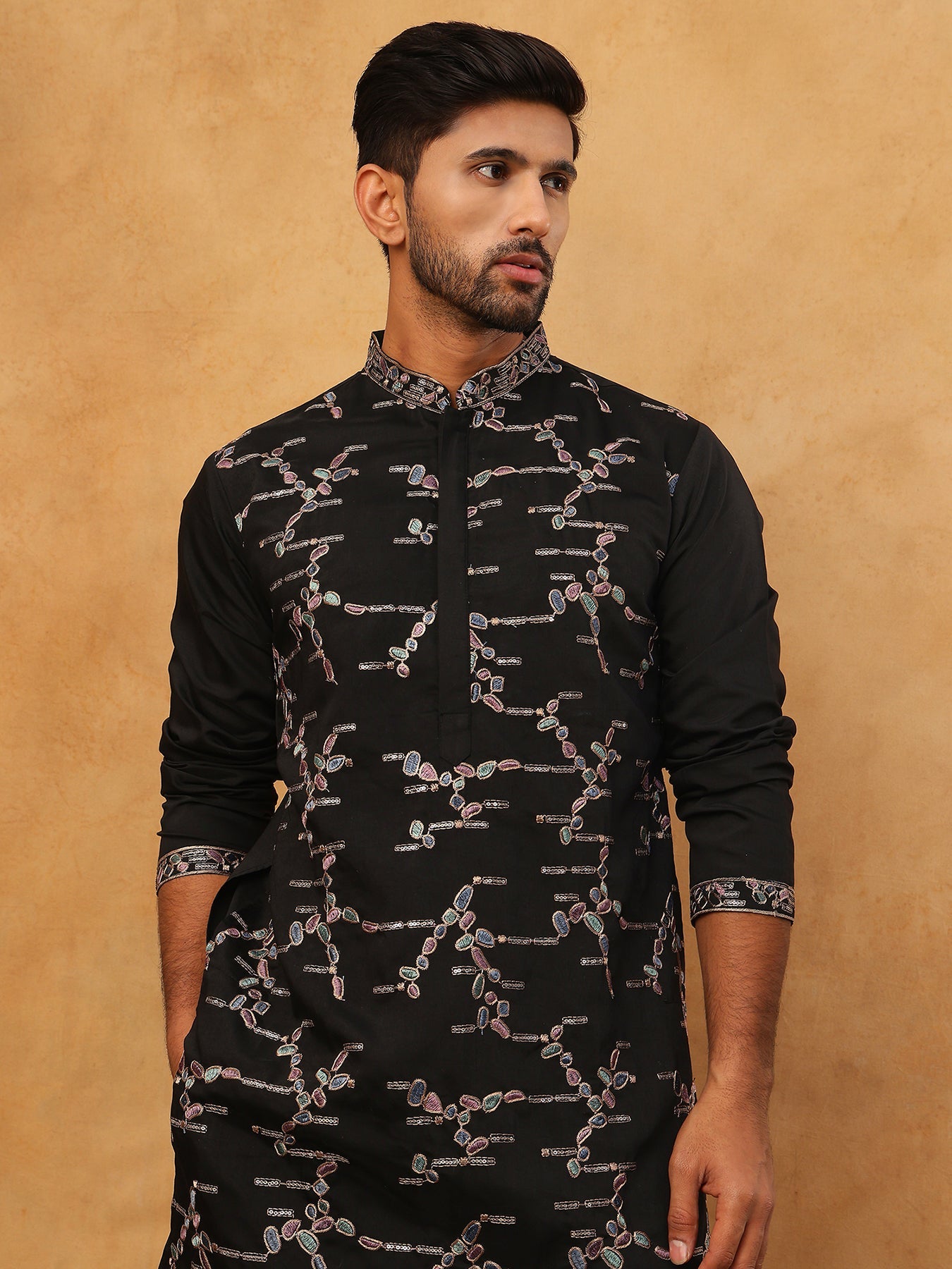 Embroidered Silk Blend Kurta (65KO 5407 Black ) [FF] [D-1]