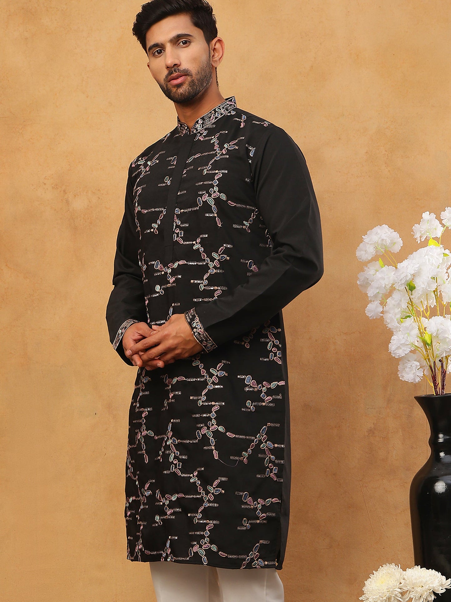 Embroidered Silk Blend Kurta (65KO 5407 Black ) [FF] [D-1]