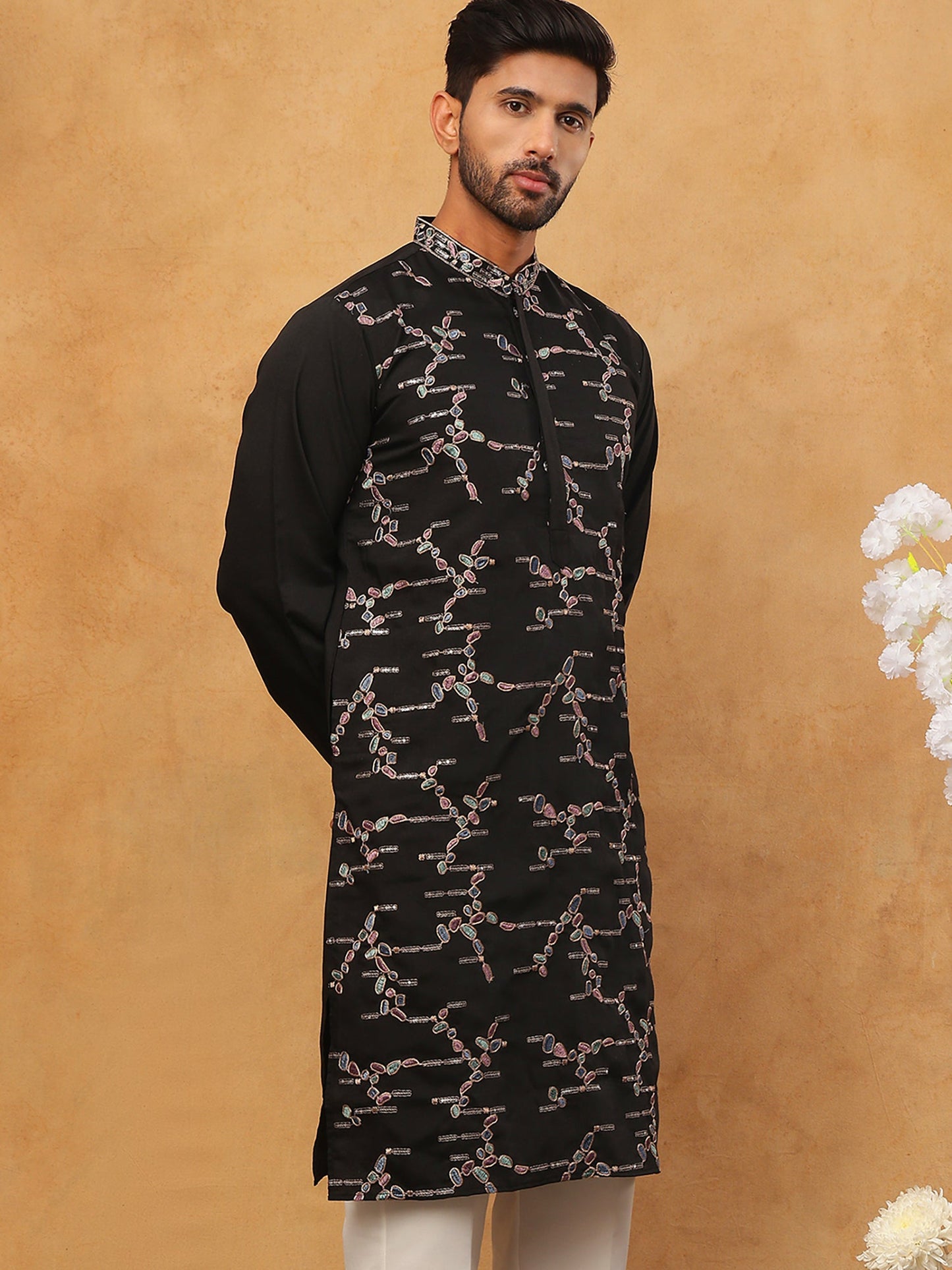 Embroidered Silk Blend Kurta (65KO 5407 Black ) [FF] [D-1]
