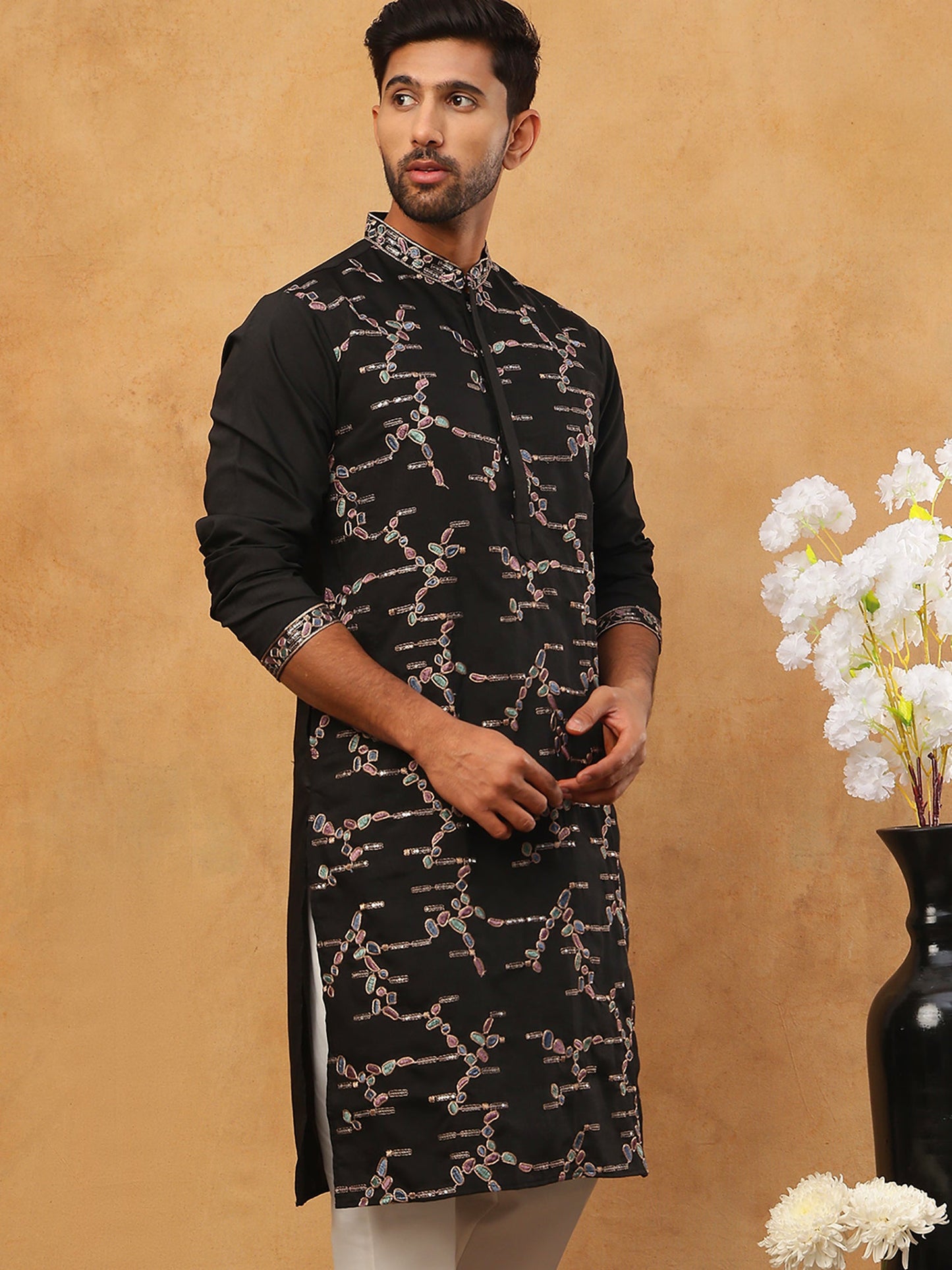 Embroidered Silk Blend Kurta (65KO 5407 Black ) [FF] [D-1]