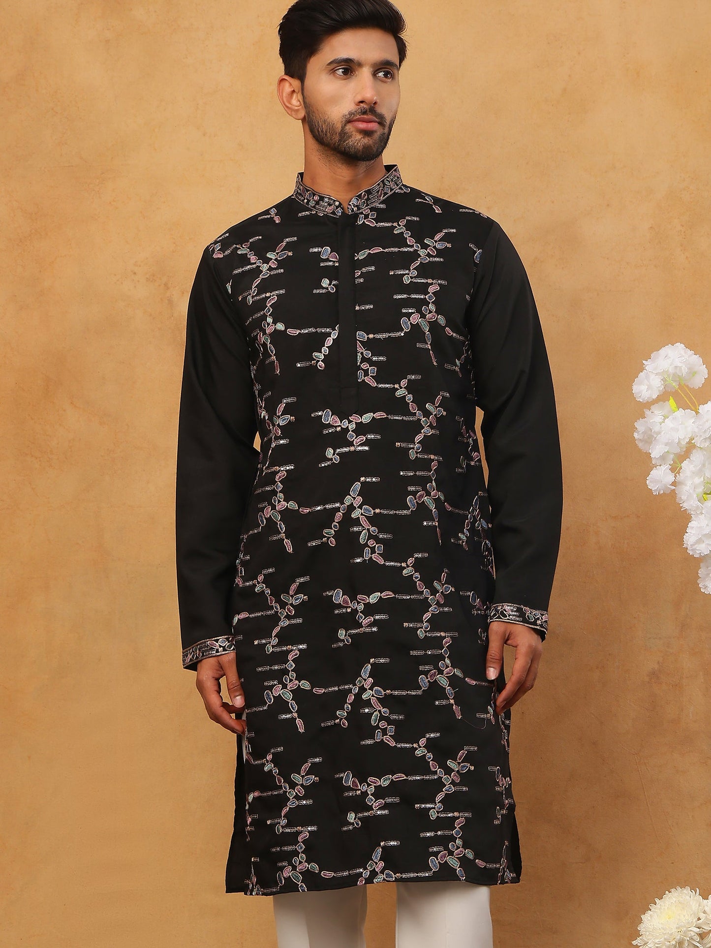 Embroidered Silk Blend Kurta (65KO 5407 Black ) [FF] [D-1]