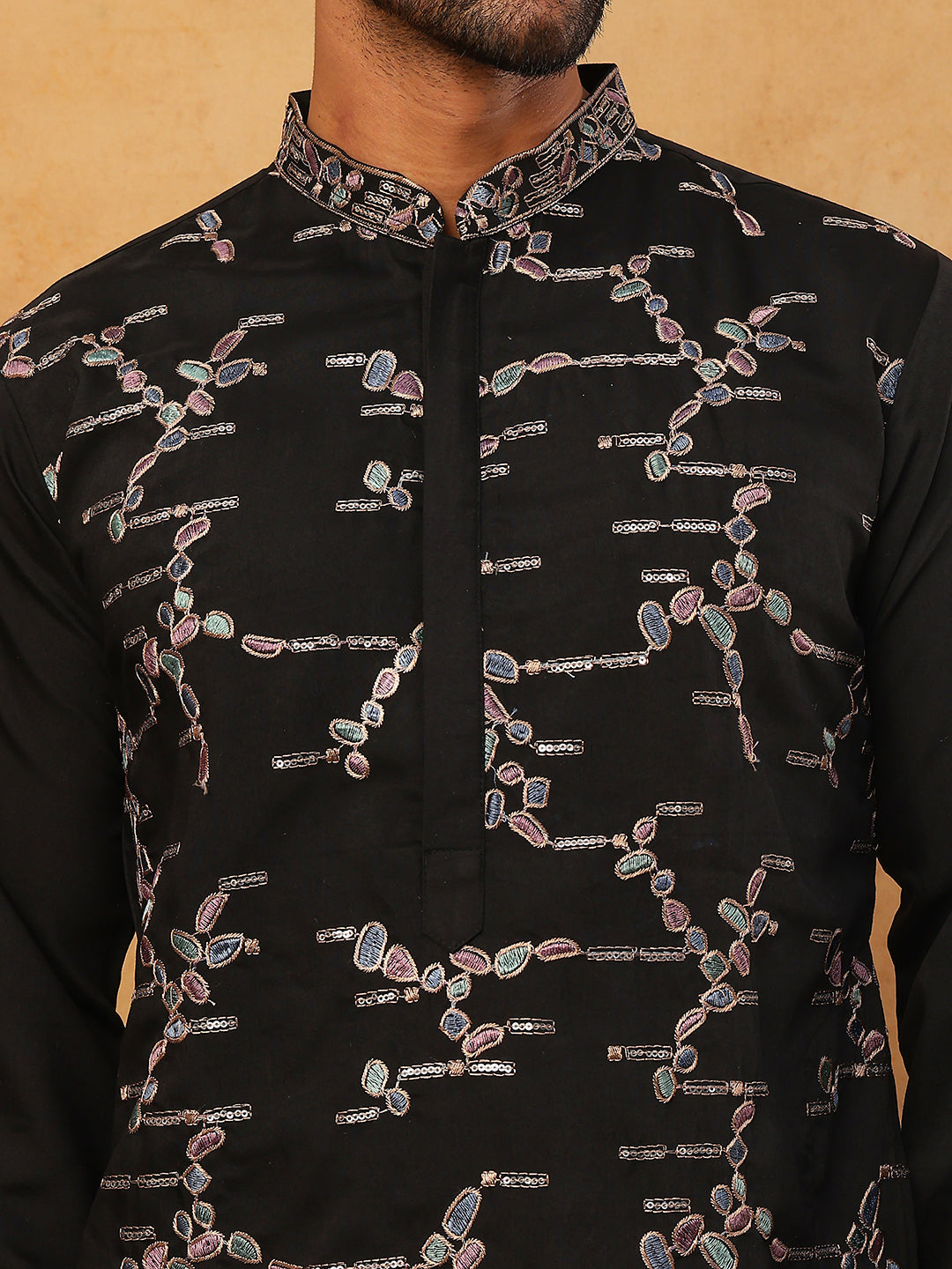 Embroidered Silk Blend Kurta (65KO 5407 Black ) [FF] [D-1]