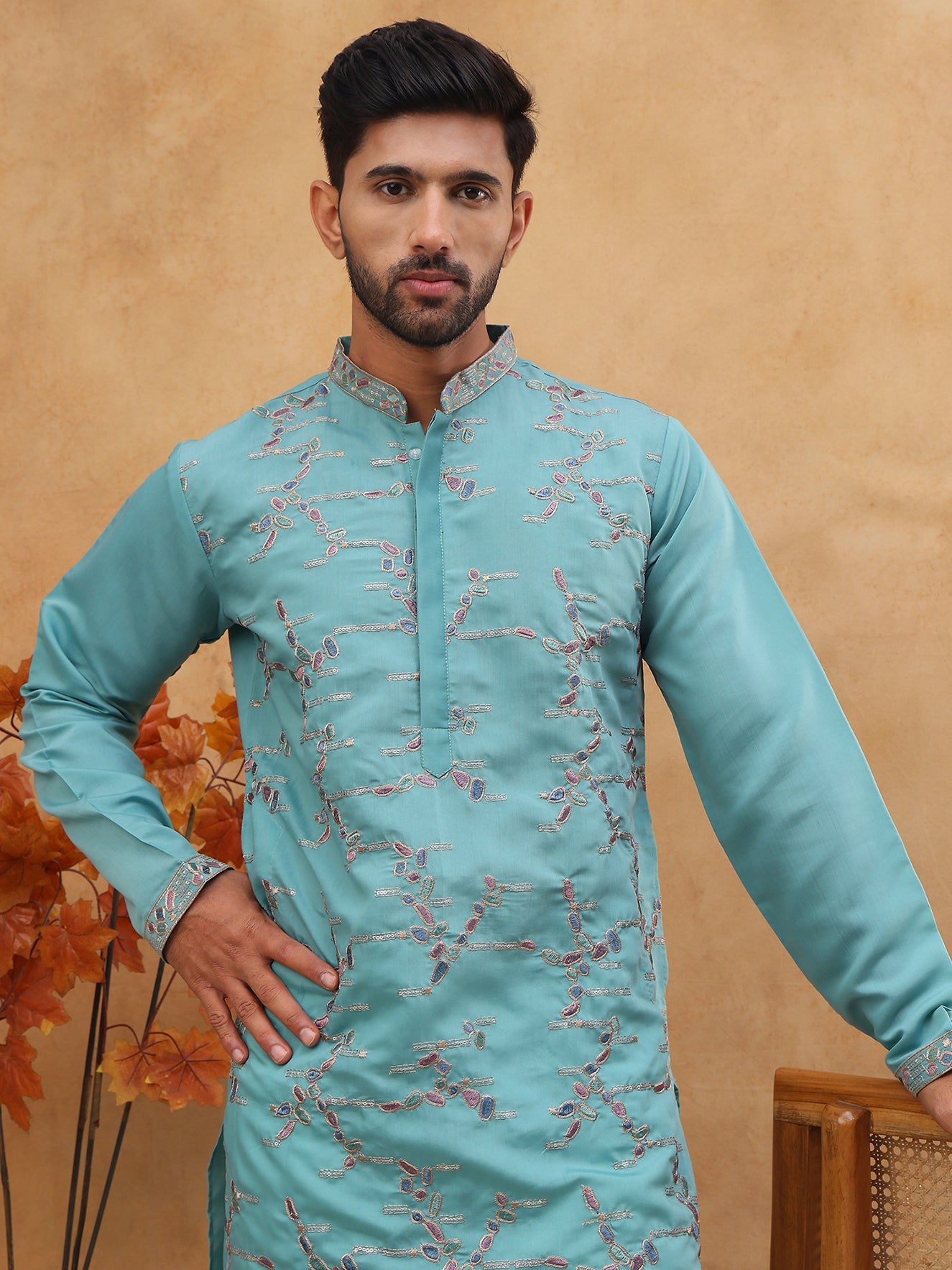 Embroidered Silk Blend Kurta (65KO 5407 Sky ) [FF] [D-1]