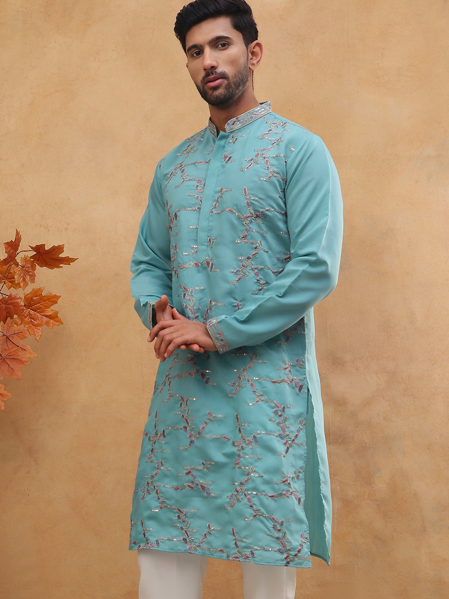 Embroidered Silk Blend Kurta (65KO 5407 Sky ) [FF] [D-1]
