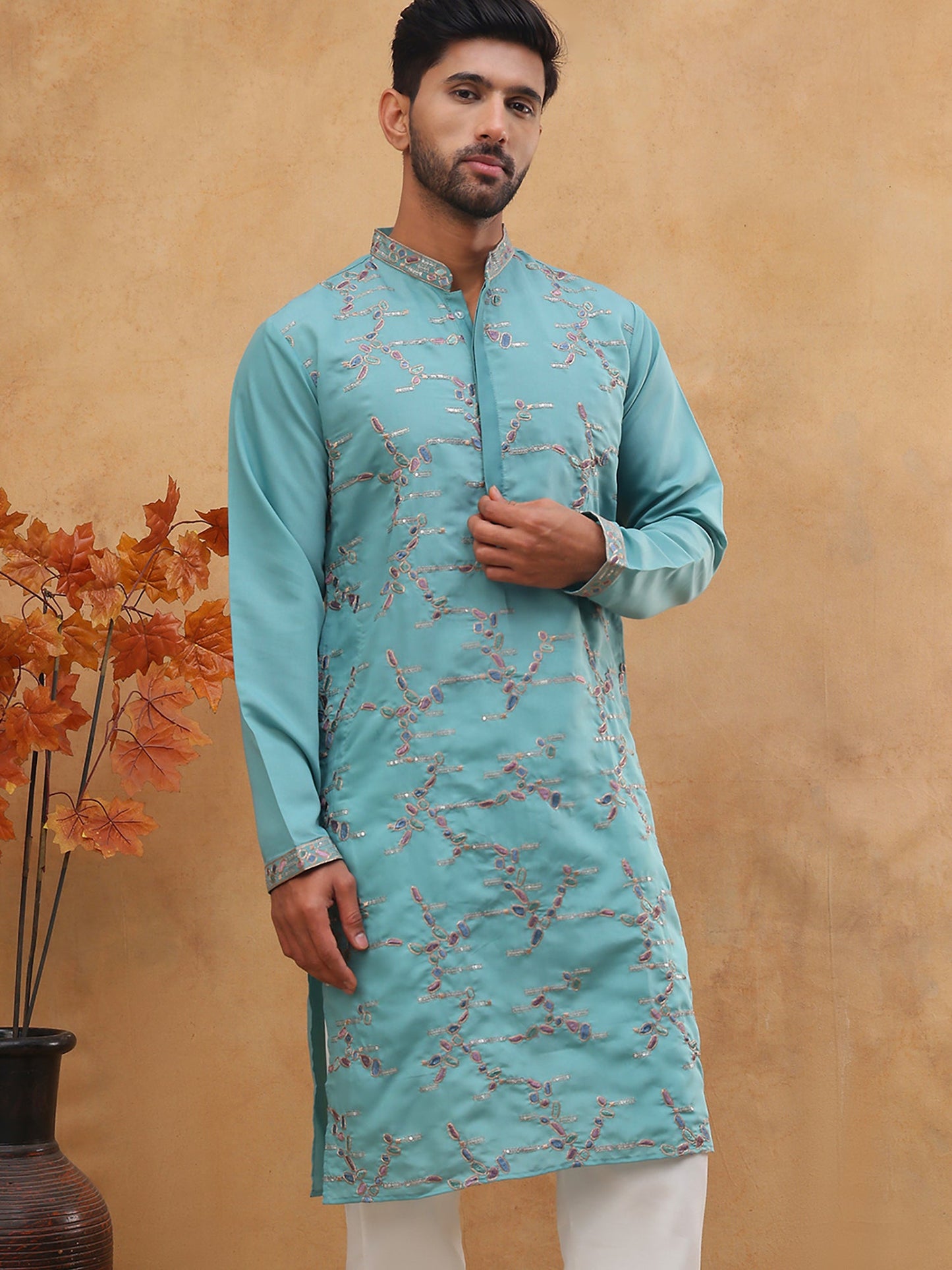 Embroidered Silk Blend Kurta (65KO 5407 Sky ) [FF] [D-1]