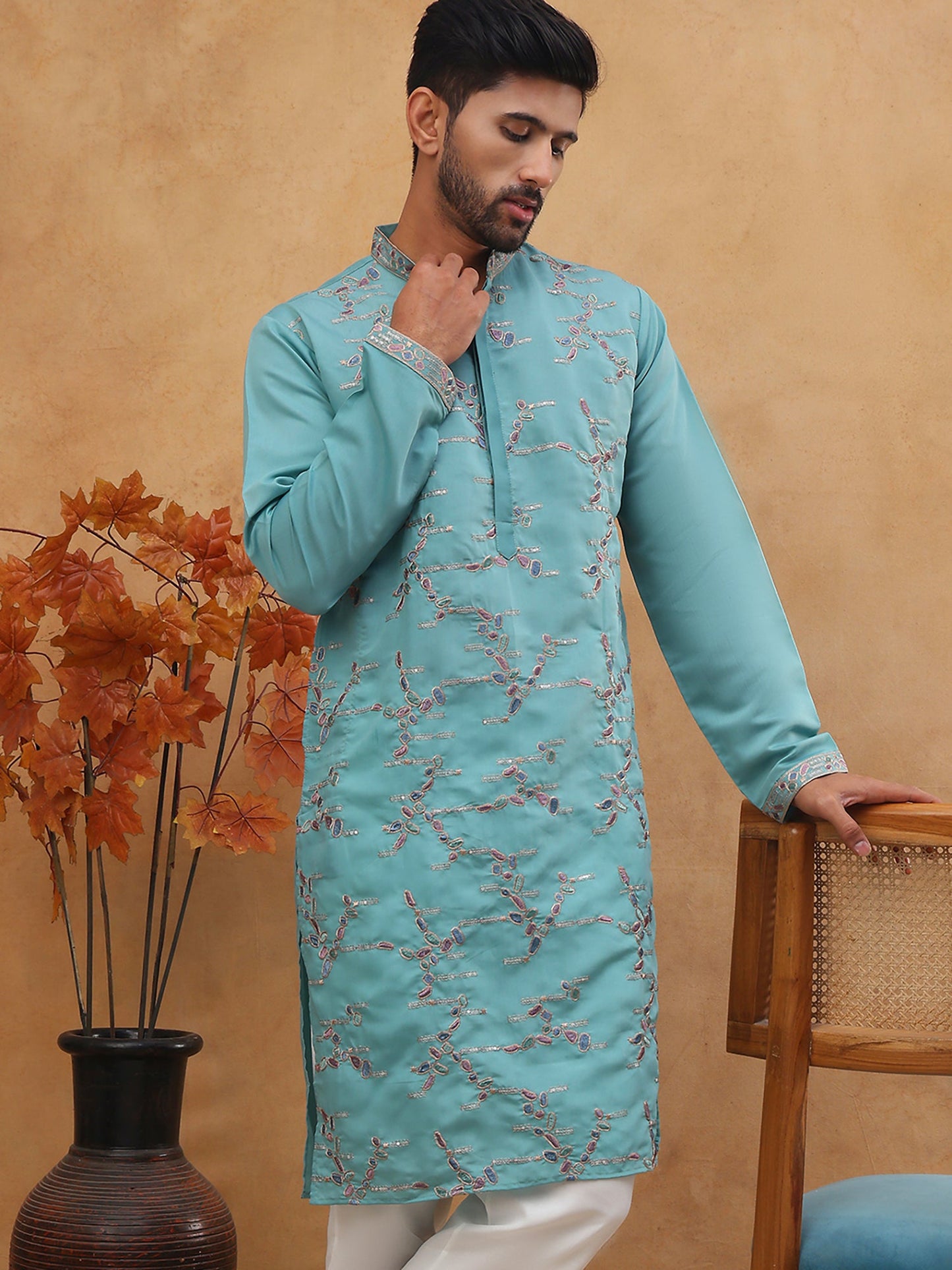 Embroidered Silk Blend Kurta (65KO 5407 Sky ) [FF] [D-1]